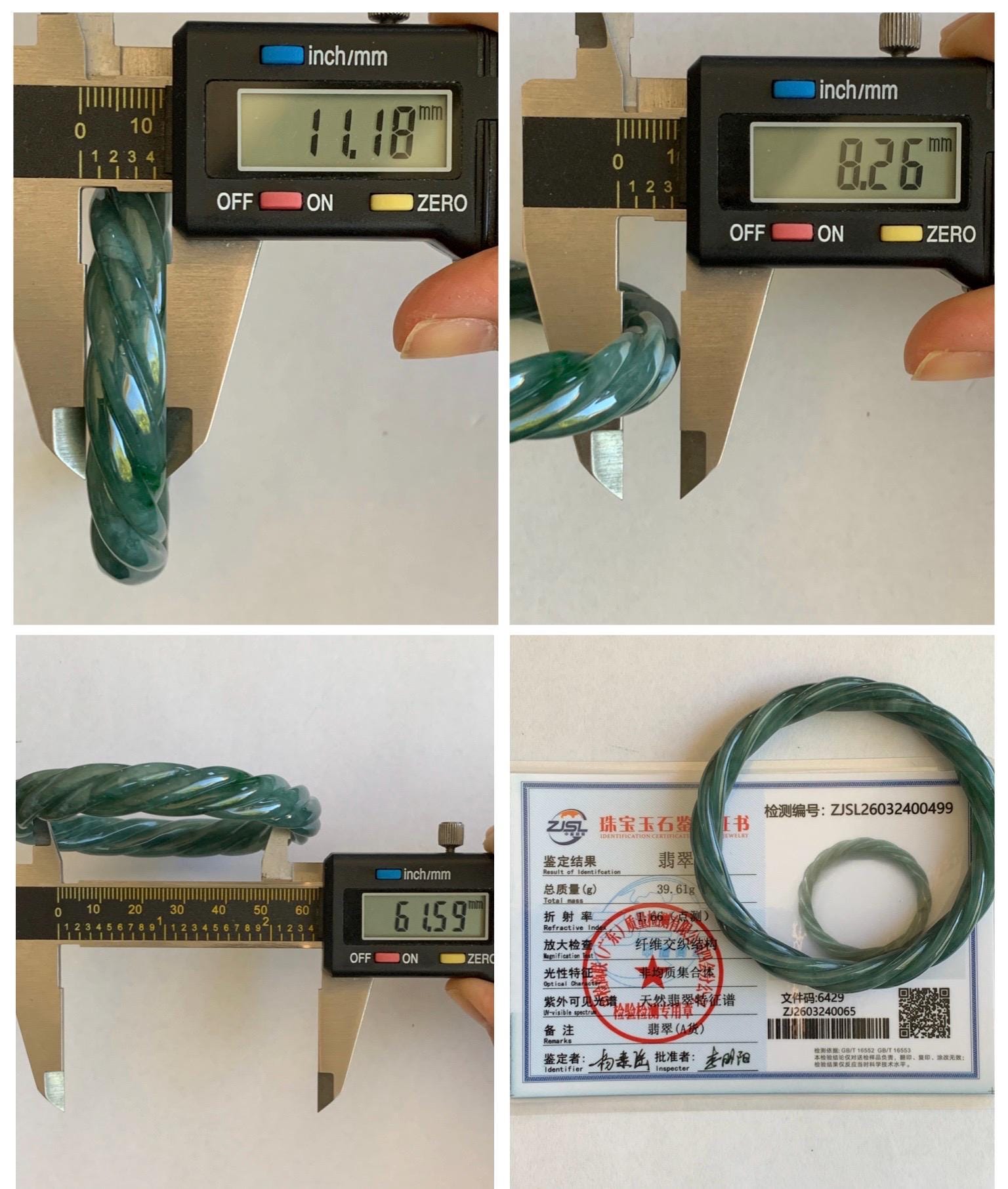Certified Natural Grade A Guatemalan Icy Translucent Dark Dusty Teal Marbled Jade Jadeite Carved Braid Bangle 61.6mm 7.6” 天然冰危暗蓝飘花翡翠麻花手镯 499