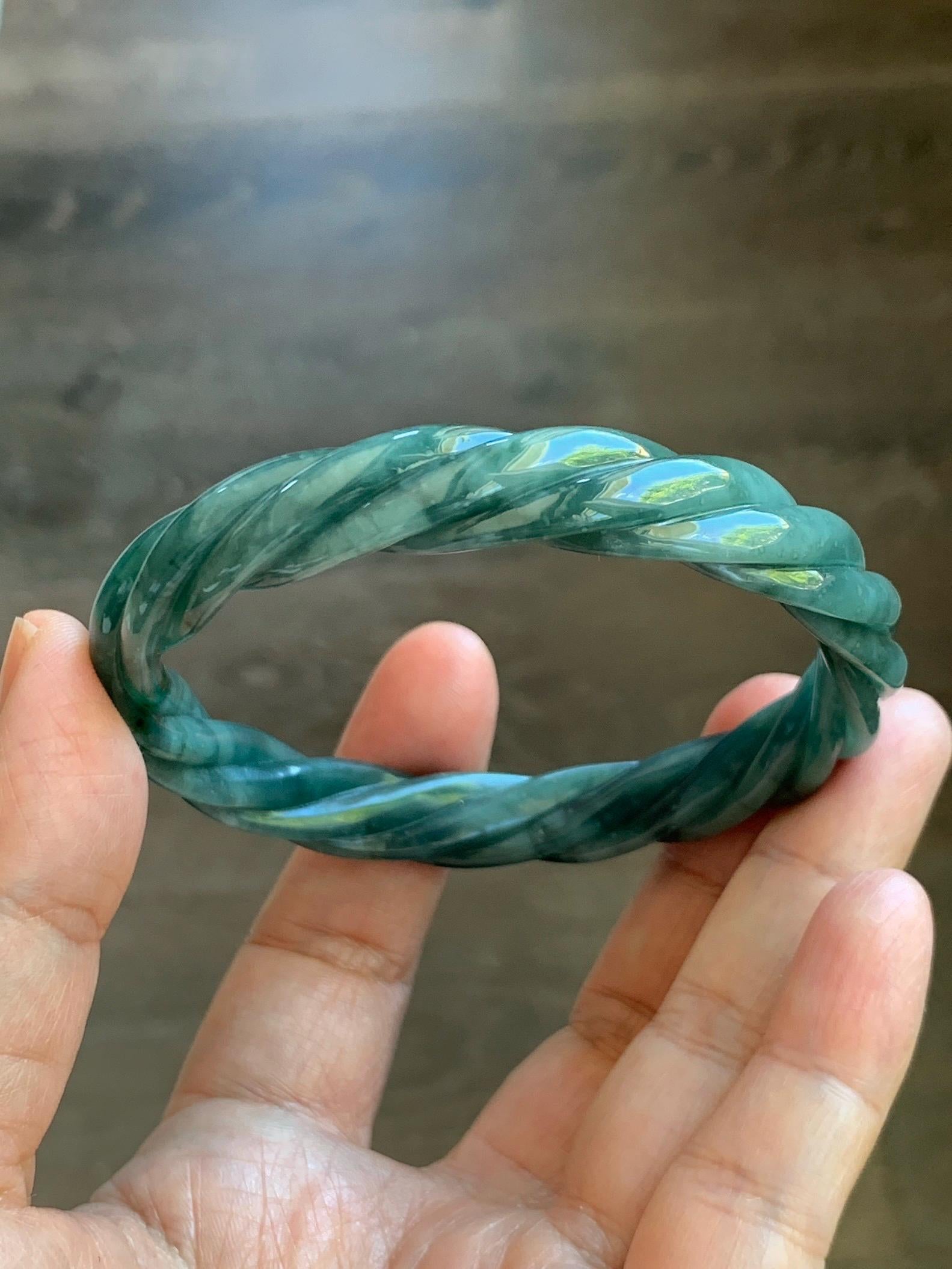Certified Natural Grade A Guatemalan Icy Translucent Dark Dusty Teal Marbled Jade Jadeite Carved Braid Bangle 61.6mm 7.6” 天然冰危暗蓝飘花翡翠麻花手镯 499