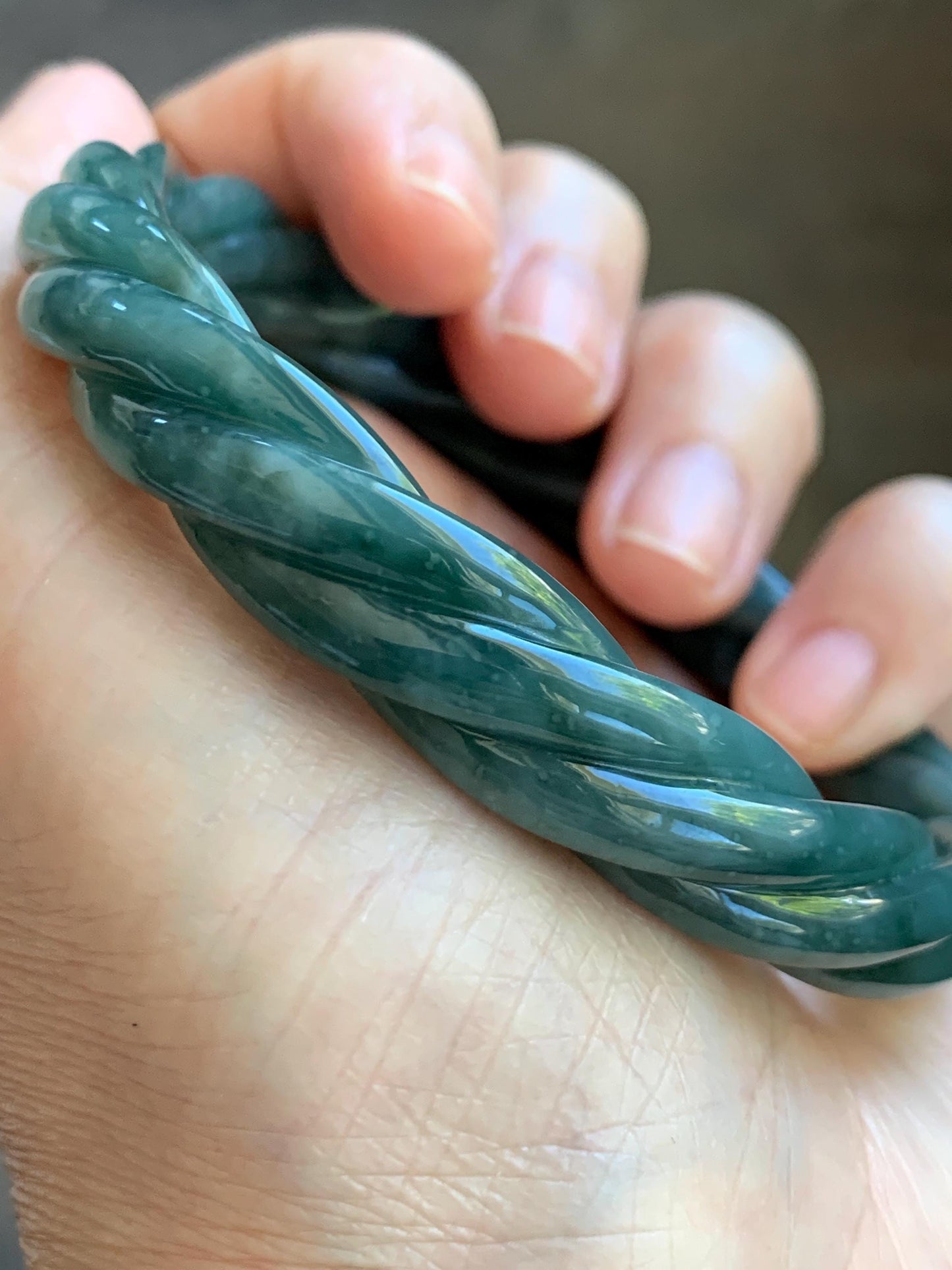 Certified Natural Grade A Guatemalan Icy Translucent Dark Dusty Teal Marbled Jade Jadeite Carved Braid Bangle 61.6mm 7.6” 天然冰危暗蓝飘花翡翠麻花手镯 499