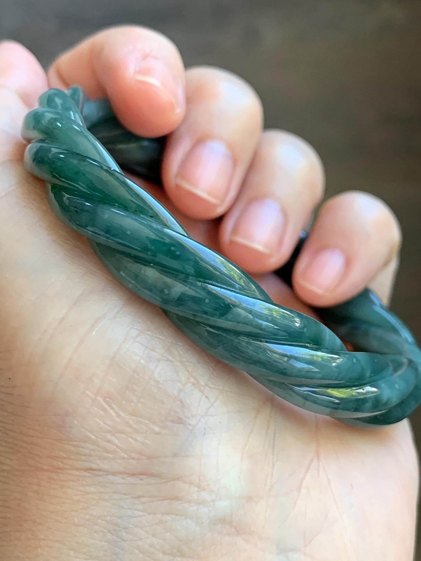 Certified Natural Grade A Guatemalan Icy Translucent Dark Dusty Teal Marbled Jade Jadeite Carved Braid Bangle 61.6mm 7.6” 天然冰危暗蓝飘花翡翠麻花手镯 499