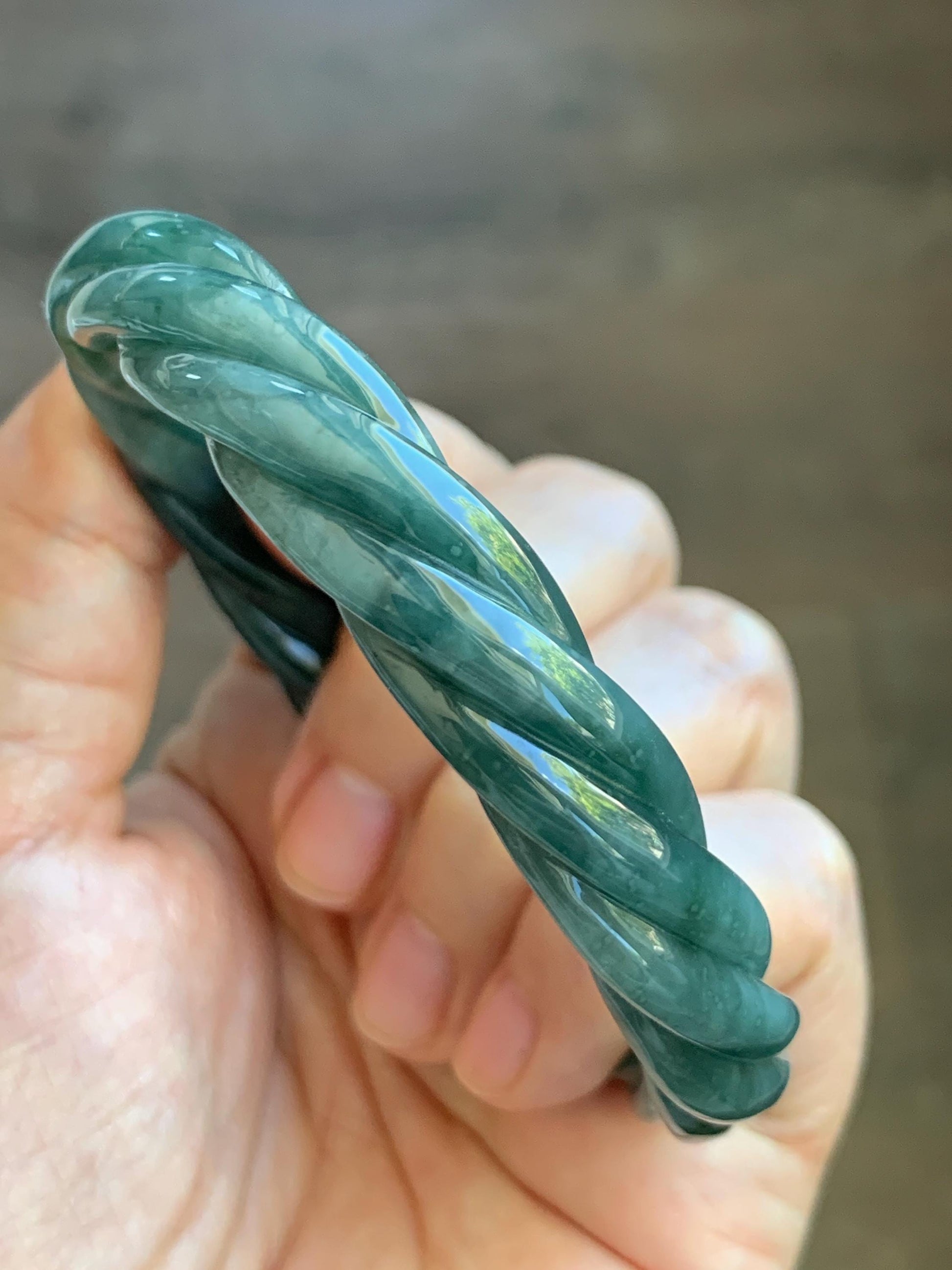 Certified Natural Grade A Guatemalan Icy Translucent Dark Dusty Teal Marbled Jade Jadeite Carved Braid Bangle 61.6mm 7.6” 天然冰危暗蓝飘花翡翠麻花手镯 499