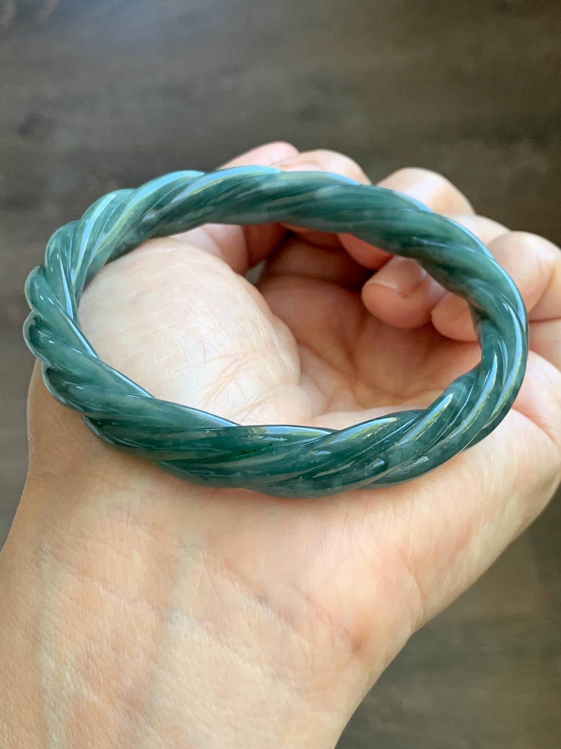 Certified Natural Grade A Guatemalan Icy Translucent Dark Dusty Teal Marbled Jade Jadeite Carved Braid Bangle 61.6mm 7.6” 天然冰危暗蓝飘花翡翠麻花手镯 499