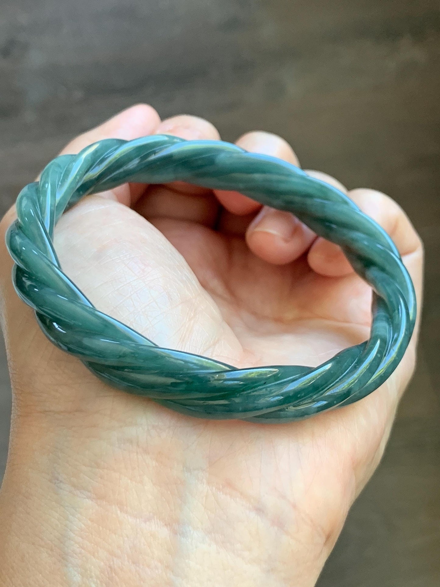Certified Natural Grade A Guatemalan Icy Translucent Dark Dusty Teal Marbled Jade Jadeite Carved Braid Bangle 61.6mm 7.6” 天然冰危暗蓝飘花翡翠麻花手镯 499