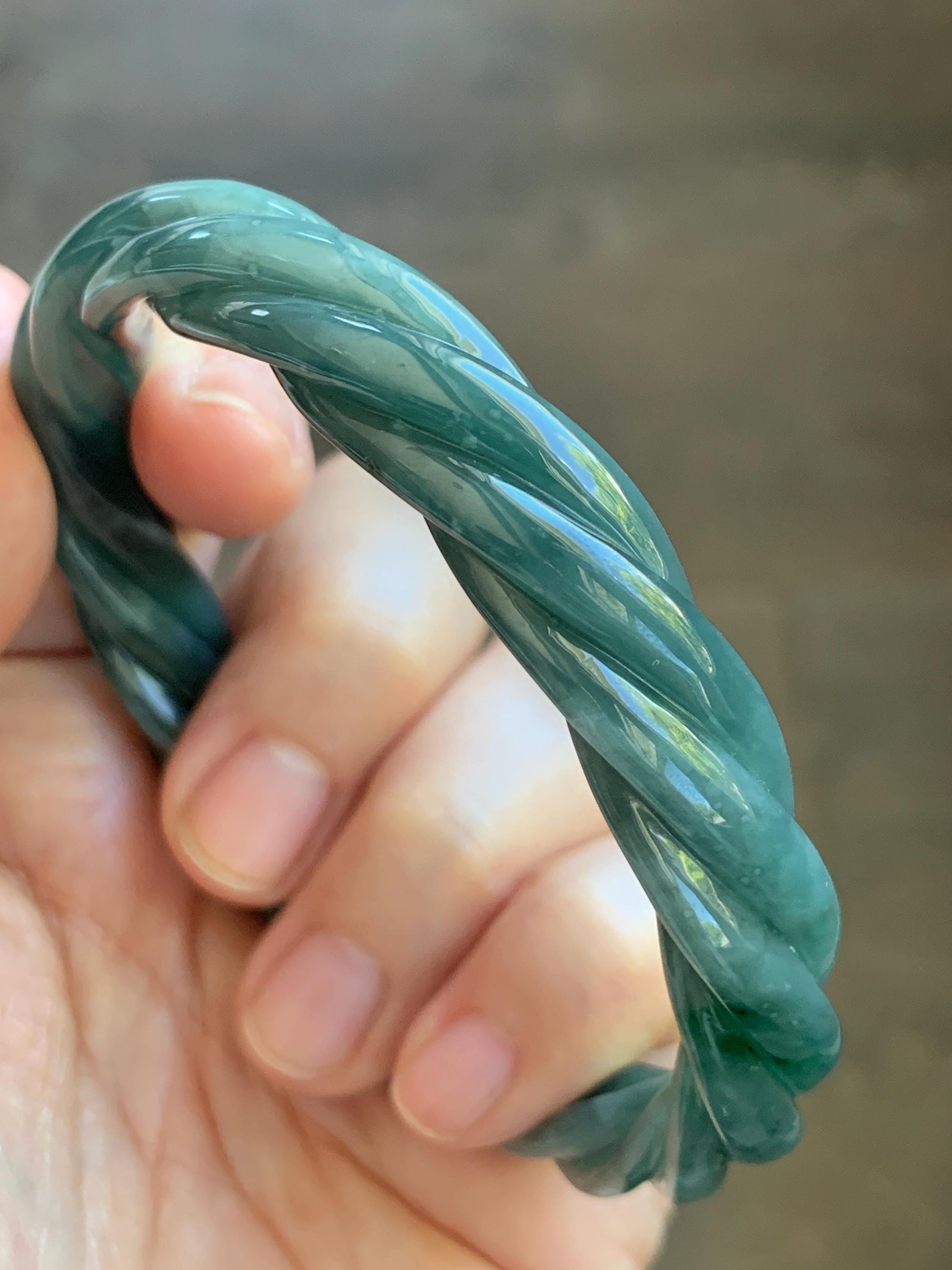 Certified Natural Grade A Guatemalan Icy Translucent Dark Dusty Teal Marbled Jade Jadeite Carved Braid Bangle 61.6mm 7.6” 天然冰危暗蓝飘花翡翠麻花手镯 499