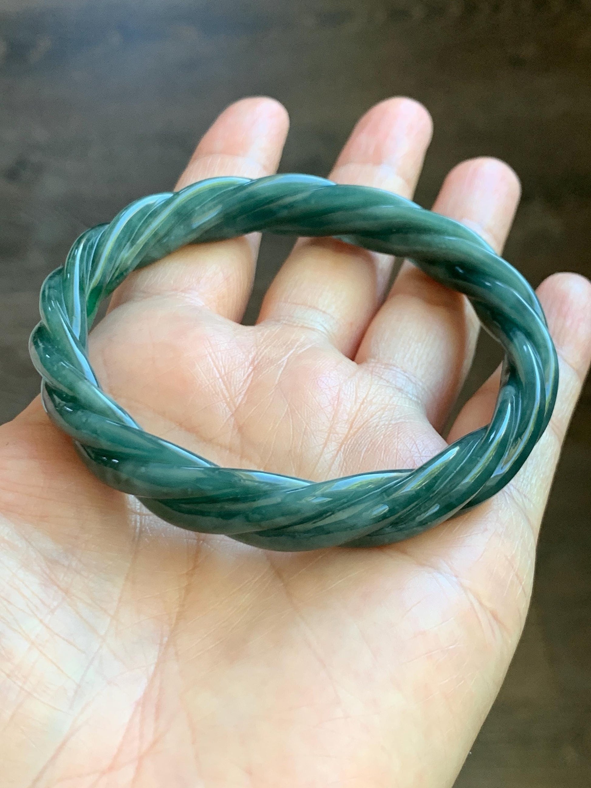 Certified Natural Grade A Guatemalan Icy Translucent Dark Dusty Teal Marbled Jade Jadeite Carved Braid Bangle 61.6mm 7.6” 天然冰危暗蓝飘花翡翠麻花手镯 499