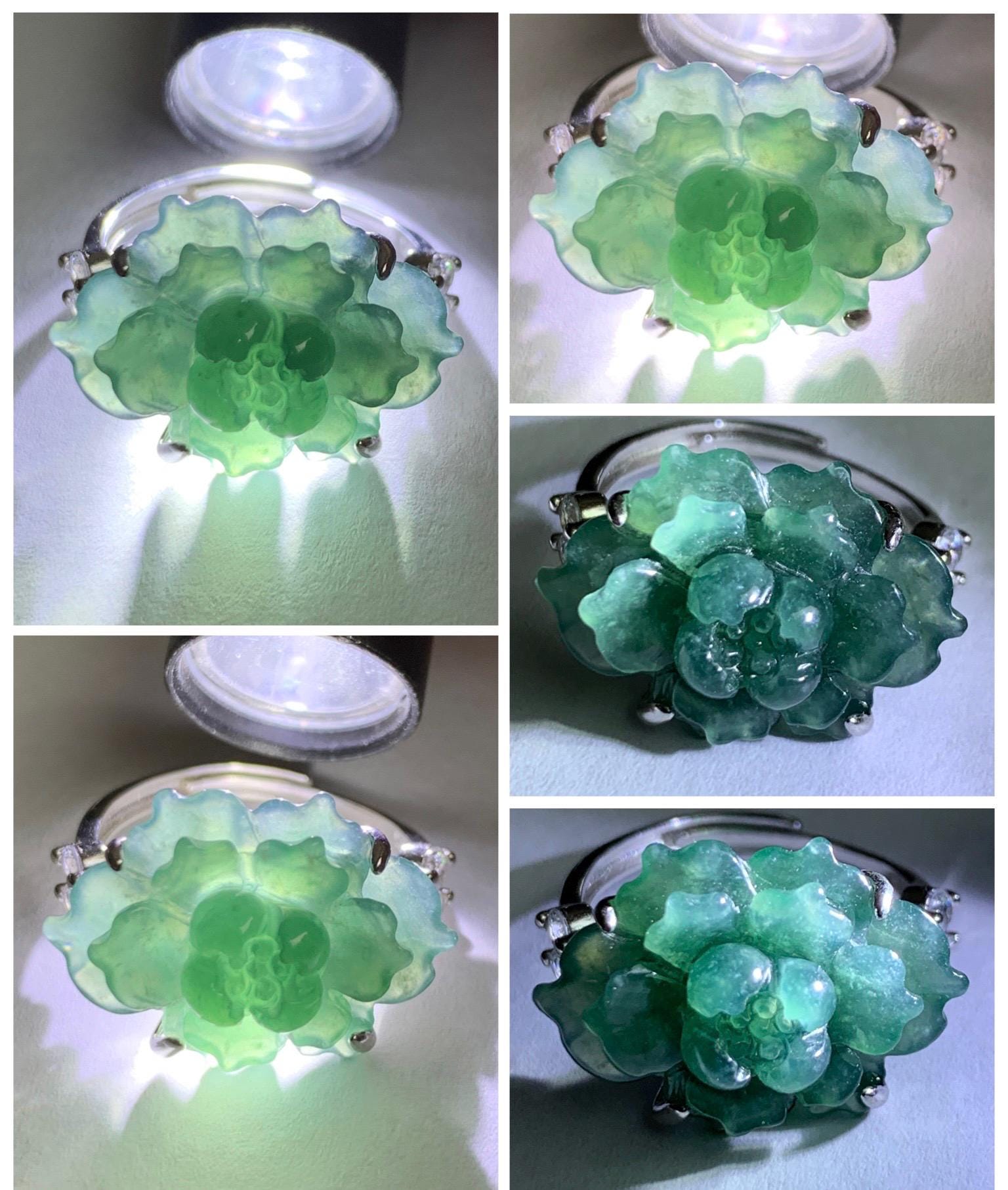 Natural Grade A Guatemalan Icy Dark Teal Blue Jade Jadeite Lotus Flower Ring Sterling Silver Size Adjustable 5g 天然冰危深蓝绿翡翠莲花戒指 WLY150D