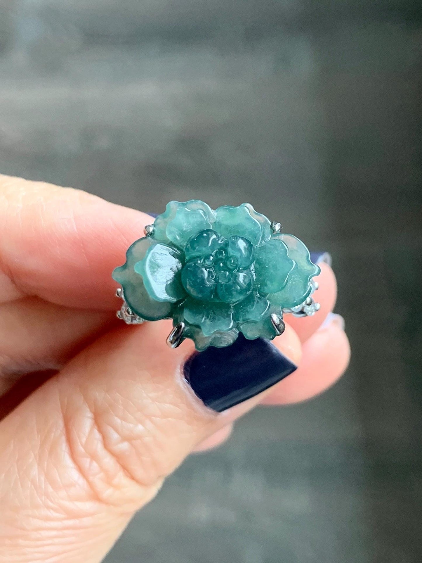 Natural Grade A Guatemalan Icy Dark Teal Blue Jade Jadeite Lotus Flower Ring Sterling Silver Size Adjustable 5g 天然冰危深蓝绿翡翠莲花戒指 WLY150D