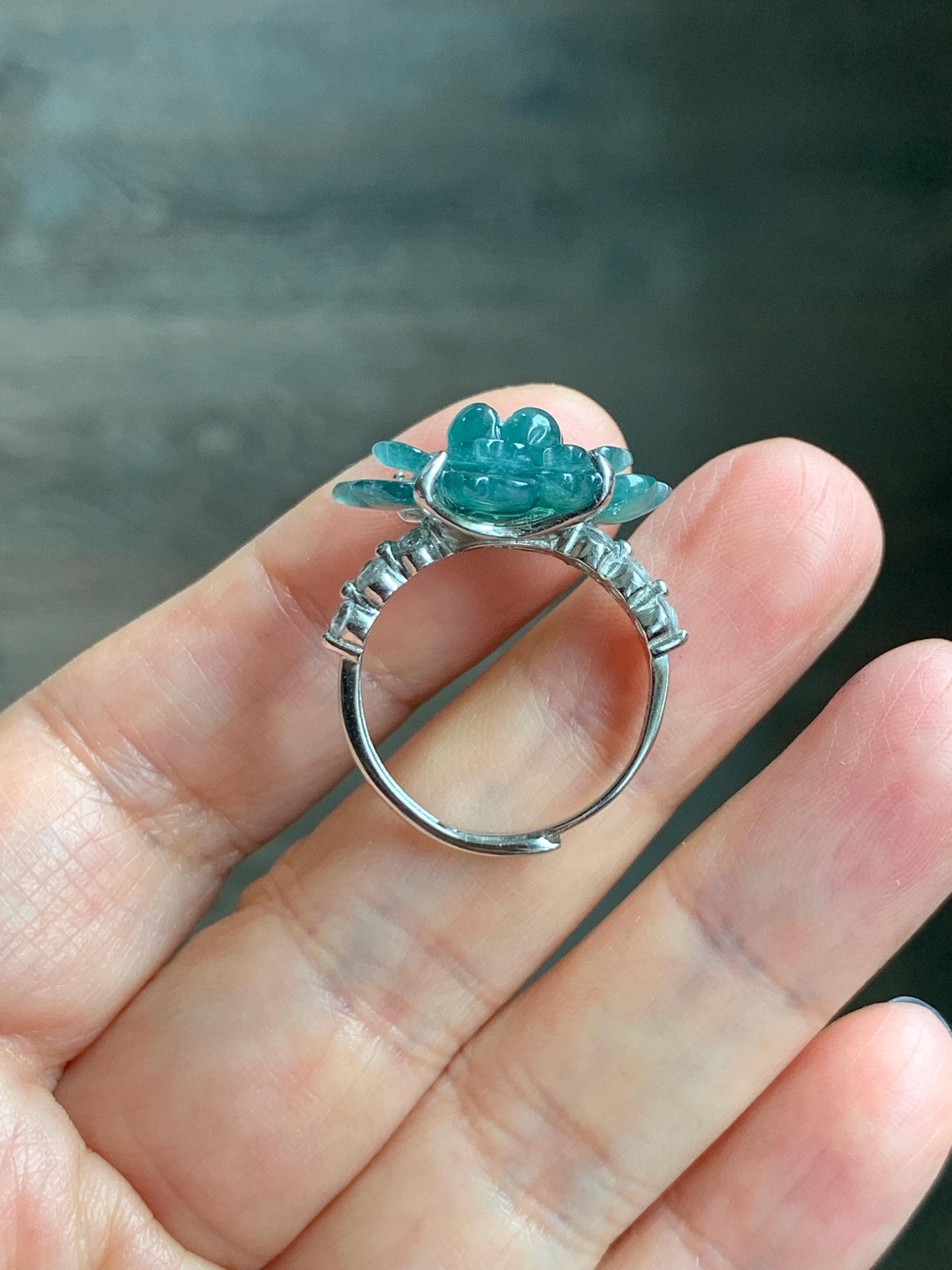 Natural Grade A Guatemalan Icy Dark Teal Blue Jade Jadeite Lotus Flower Ring Sterling Silver Size Adjustable 5g 天然冰危深蓝绿翡翠莲花戒指 WLY150D