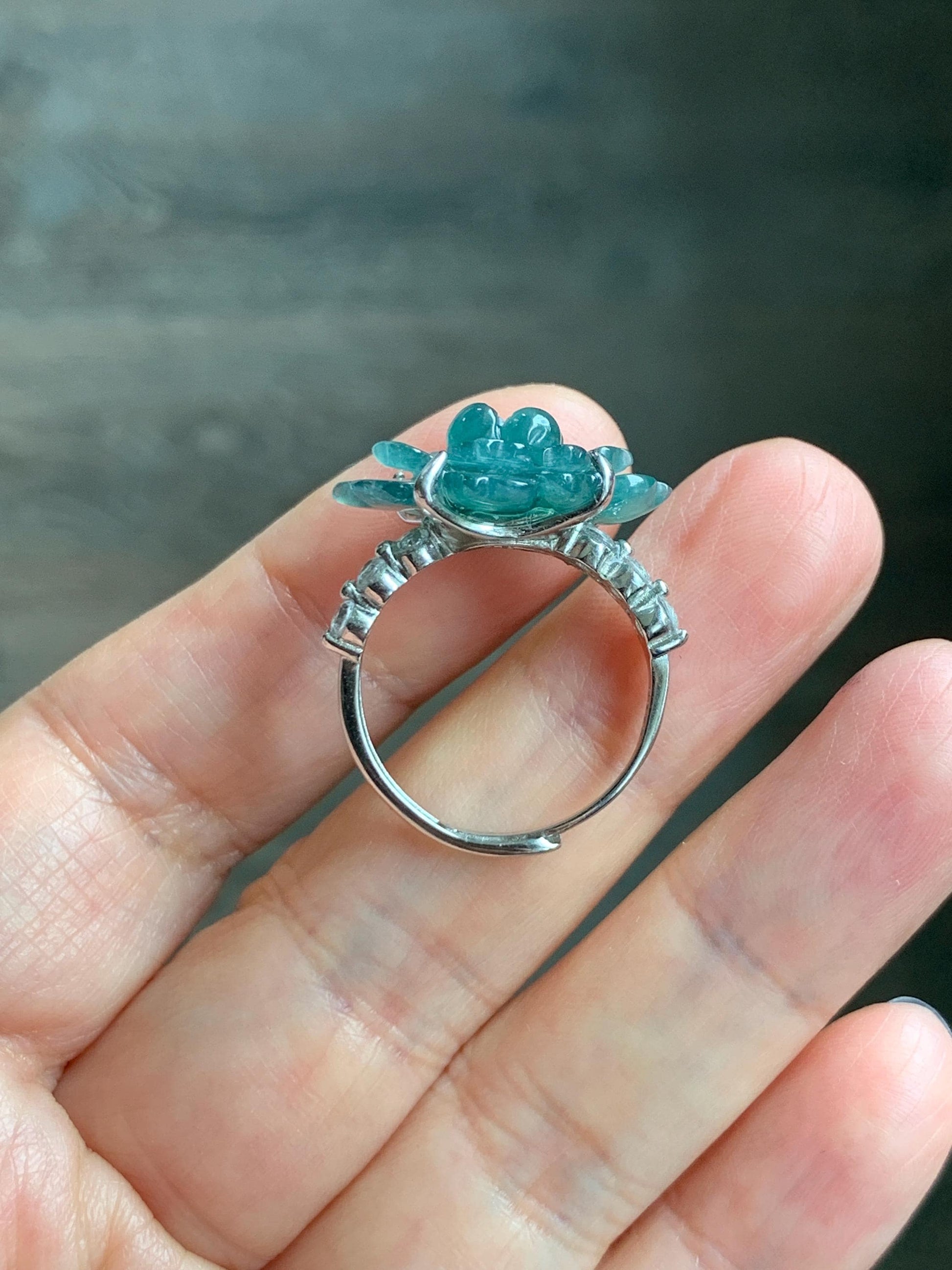 Natural Grade A Guatemalan Icy Dark Teal Blue Jade Jadeite Lotus Flower Ring Sterling Silver Size Adjustable 5g 天然冰危深蓝绿翡翠莲花戒指 WLY150D