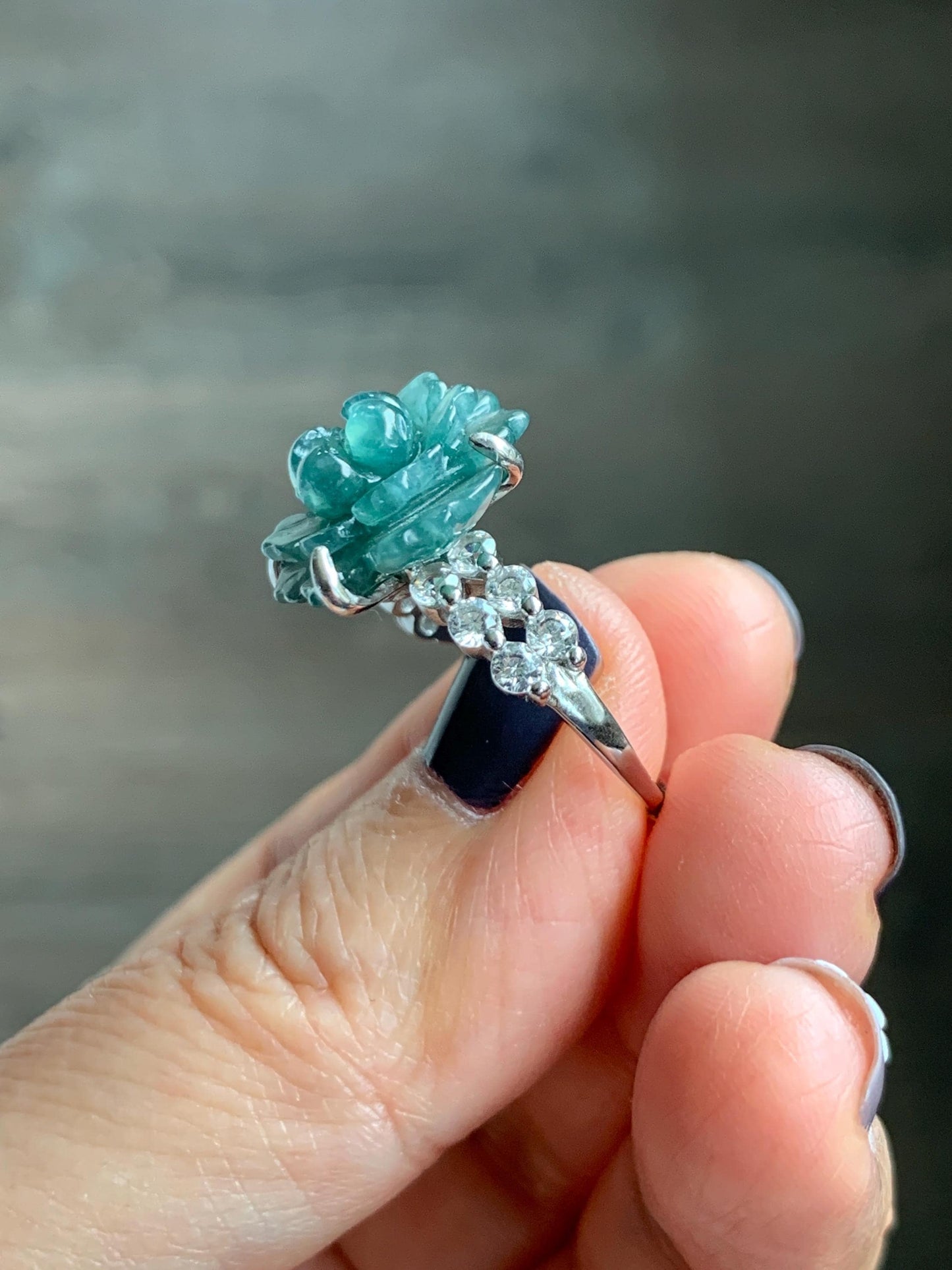 Natural Grade A Guatemalan Icy Dark Teal Blue Jade Jadeite Lotus Flower Ring Sterling Silver Size Adjustable 5g 天然冰危深蓝绿翡翠莲花戒指 WLY150D