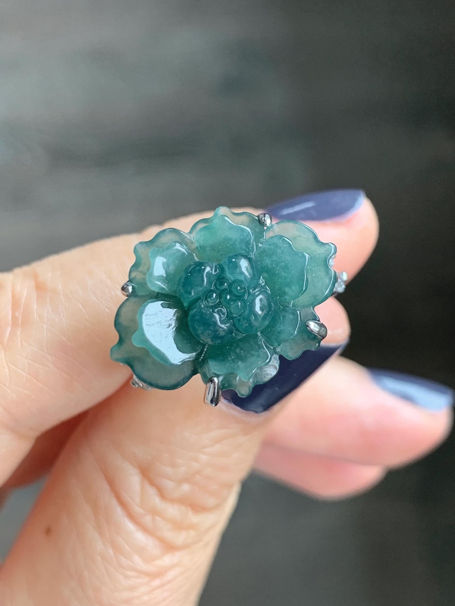 Natural Grade A Guatemalan Icy Dark Teal Blue Jade Jadeite Lotus Flower Ring Sterling Silver Size Adjustable 5g 天然冰危深蓝绿翡翠莲花戒指 WLY150D
