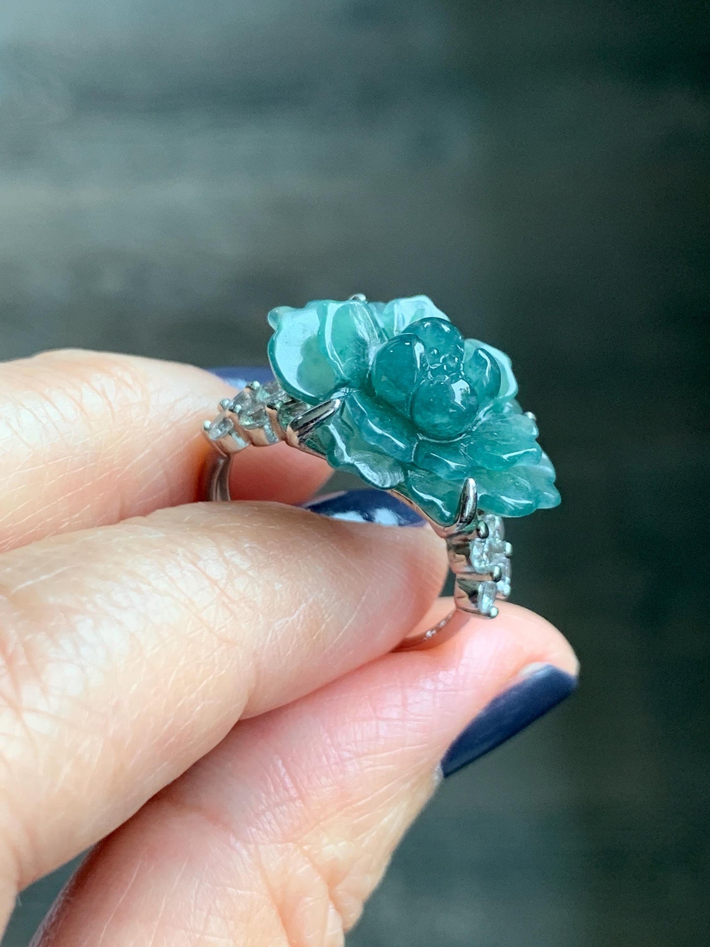Natural Grade A Guatemalan Icy Dark Teal Blue Jade Jadeite Lotus Flower Ring Sterling Silver Size Adjustable 5g 天然冰危深蓝绿翡翠莲花戒指 WLY150D