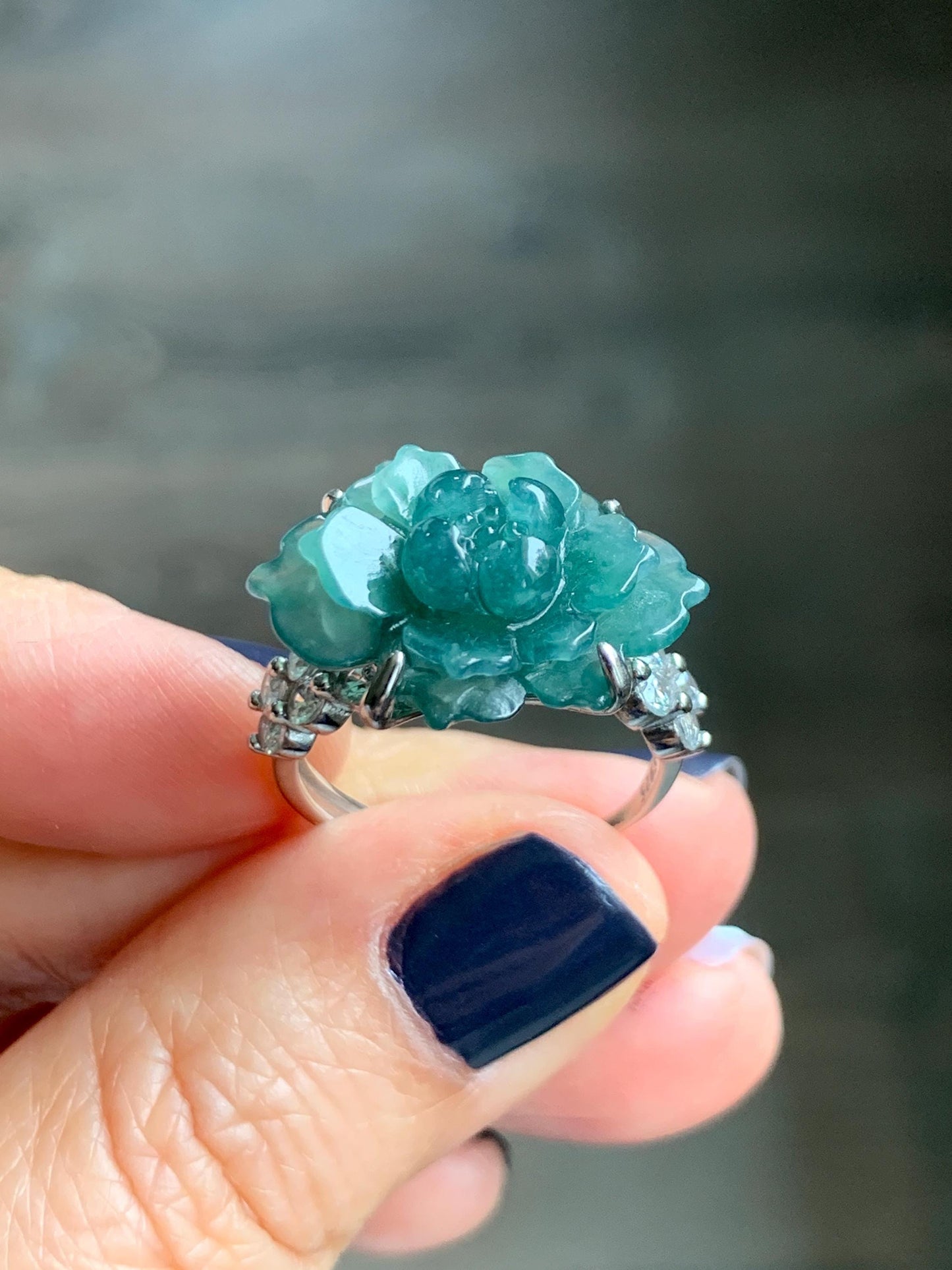 Natural Grade A Guatemalan Icy Dark Teal Blue Jade Jadeite Lotus Flower Ring Sterling Silver Size Adjustable 5g 天然冰危深蓝绿翡翠莲花戒指 WLY150D