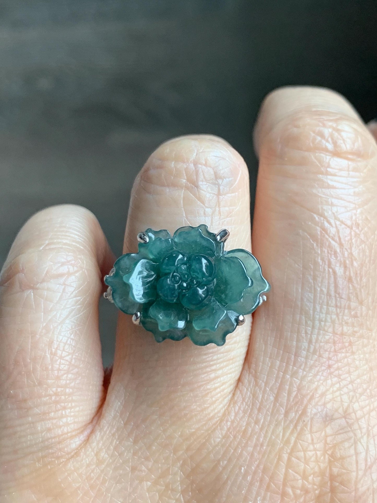 Natural Grade A Guatemalan Icy Dark Teal Blue Jade Jadeite Lotus Flower Ring Sterling Silver Size Adjustable 5g 天然冰危深蓝绿翡翠莲花戒指 WLY150D