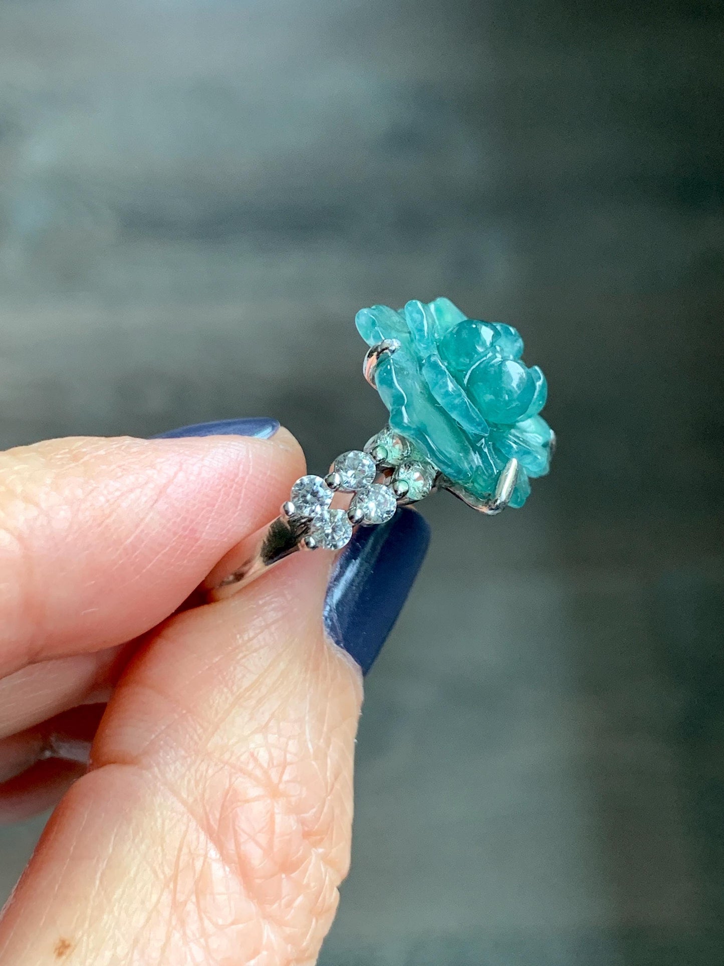 Natural Grade A Guatemalan Icy Dark Teal Blue Jade Jadeite Lotus Flower Ring Sterling Silver Size Adjustable 5g 天然冰危深蓝绿翡翠莲花戒指 WLY150D