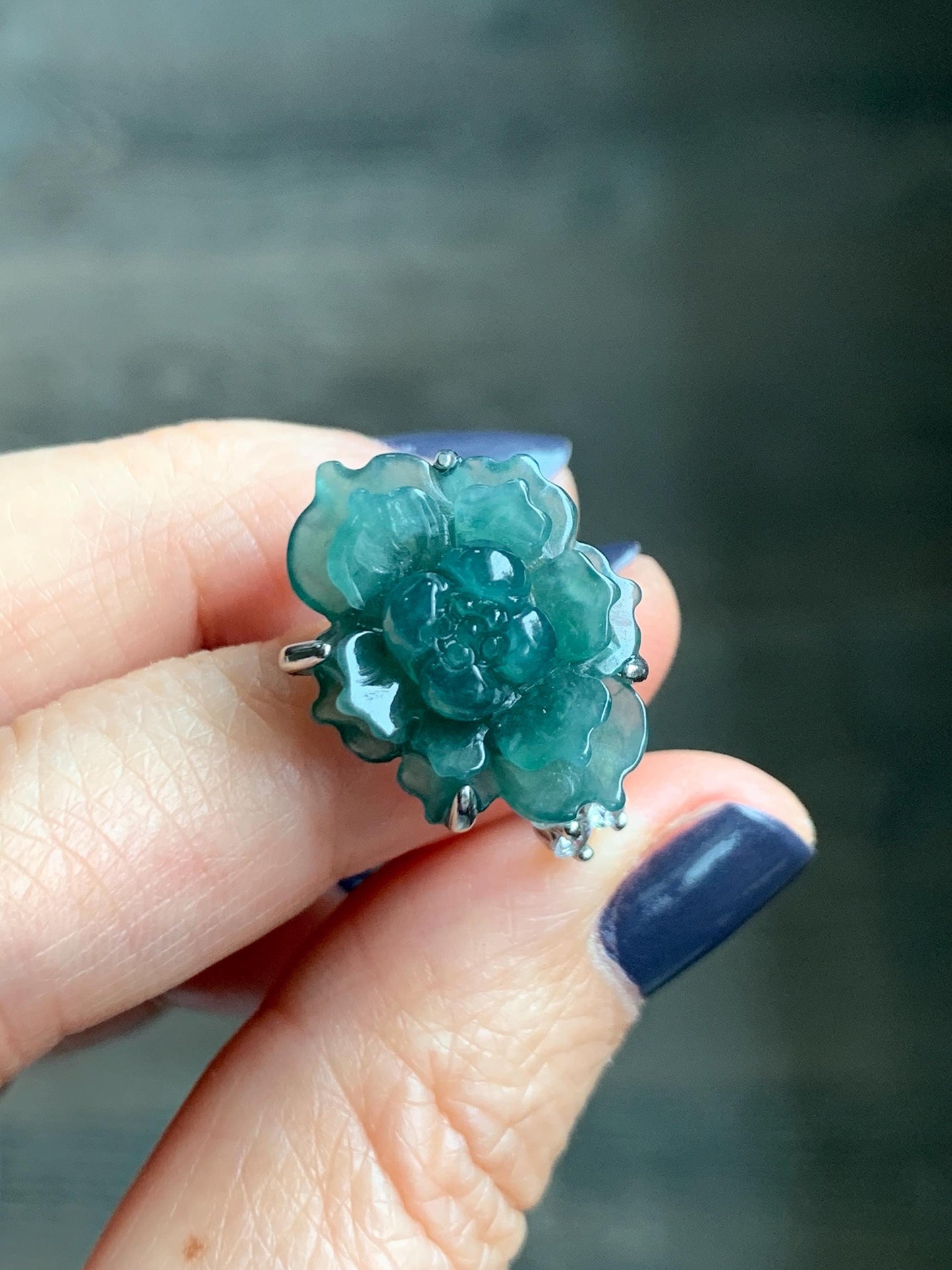 Natural Grade A Guatemalan Icy Dark Teal Blue Jade Jadeite Lotus Flower Ring Sterling Silver Size Adjustable 5g 天然冰危深蓝绿翡翠莲花戒指 WLY150D