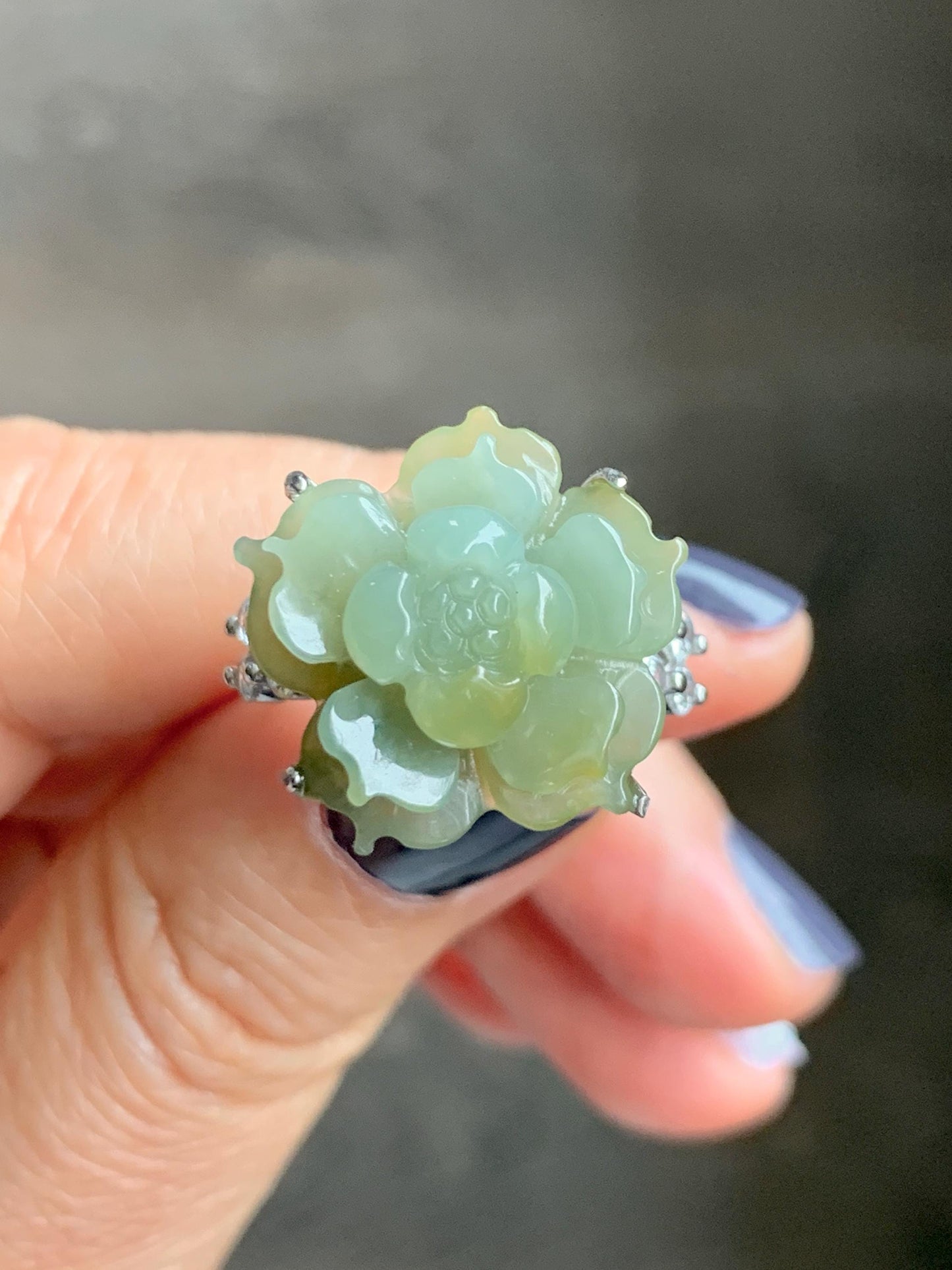 Natural Grade A Guatemalan Icy Translucent Dusty Yellow Jade Jadeite Lotus Flower Ring Sterling Silver Size Adjustable 6g 天然冰危黄翡翠莲花戒指WLY150C