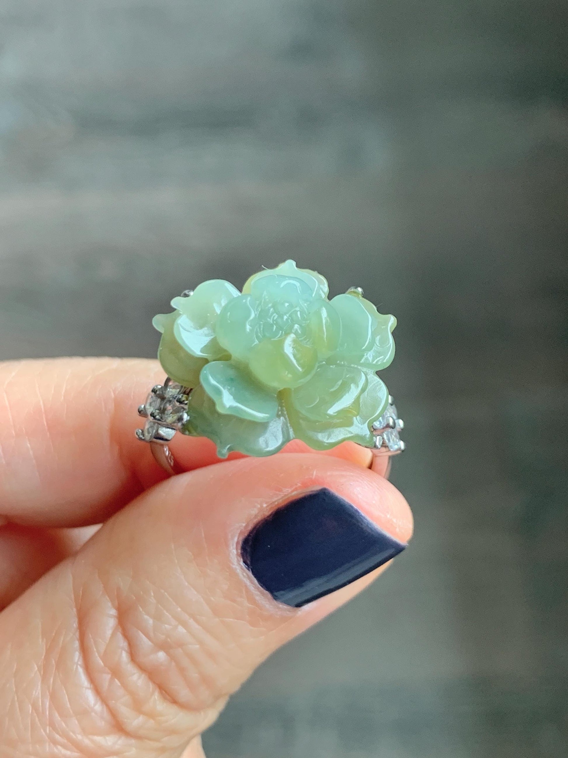 Natural Grade A Guatemalan Icy Translucent Dusty Yellow Jade Jadeite Lotus Flower Ring Sterling Silver Size Adjustable 6g 天然冰危黄翡翠莲花戒指WLY150C