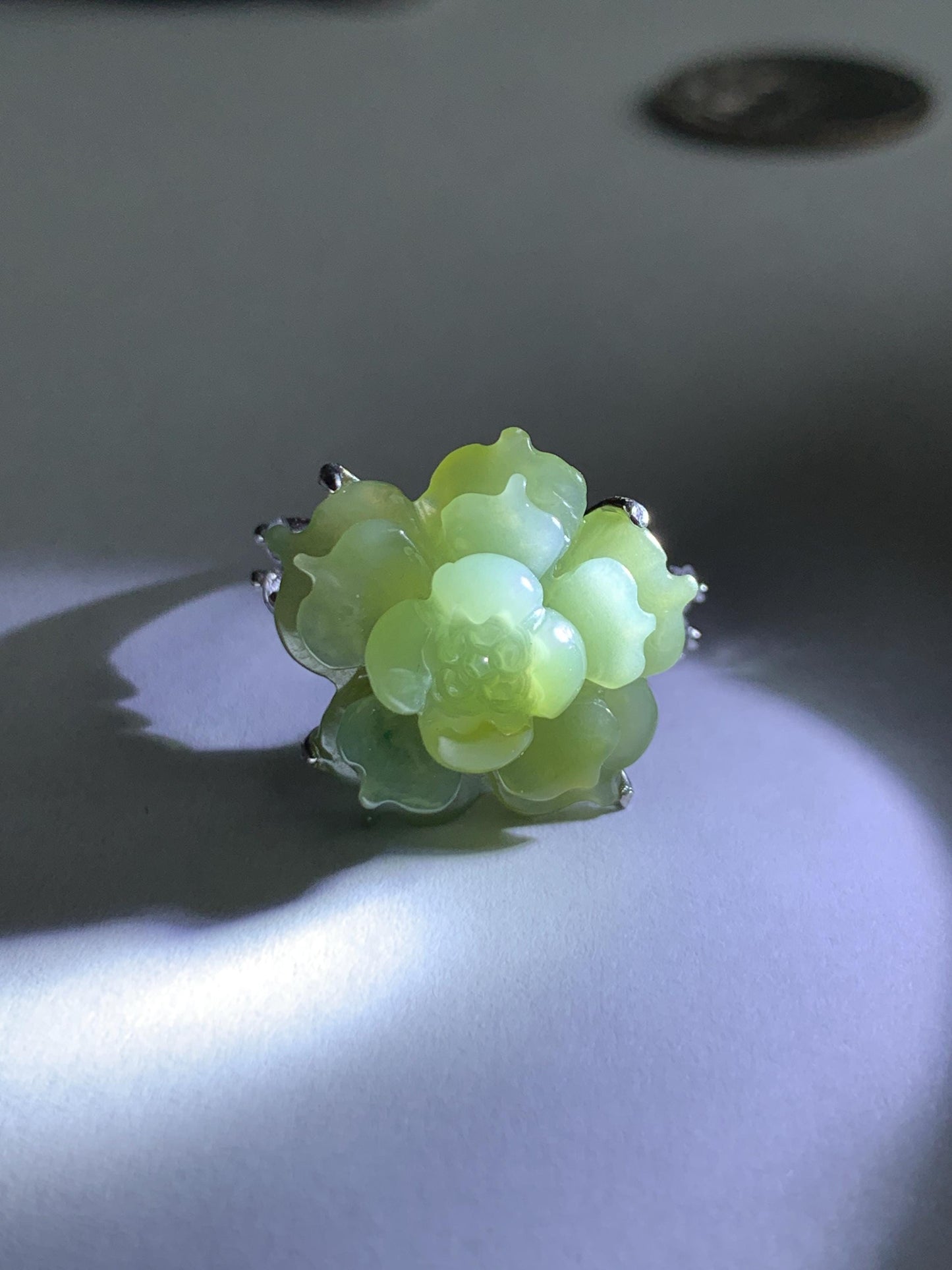 Natural Grade A Guatemalan Icy Translucent Dusty Yellow Jade Jadeite Lotus Flower Ring Sterling Silver Size Adjustable 6g 天然冰危黄翡翠莲花戒指WLY150C