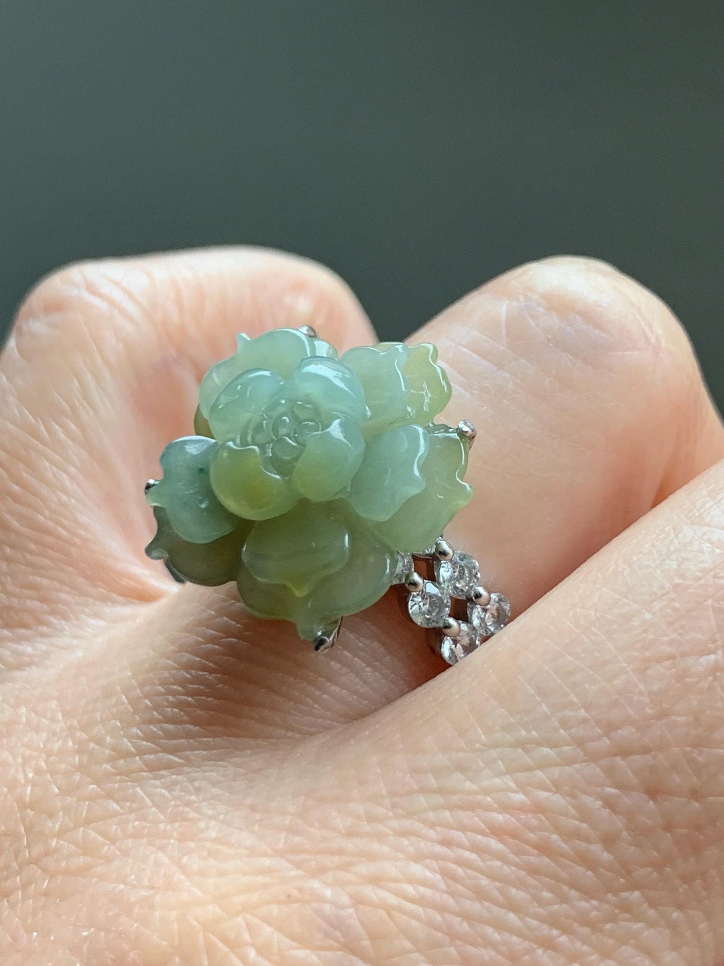 Natural Grade A Guatemalan Icy Translucent Dusty Yellow Jade Jadeite Lotus Flower Ring Sterling Silver Size Adjustable 6g 天然冰危黄翡翠莲花戒指WLY150C