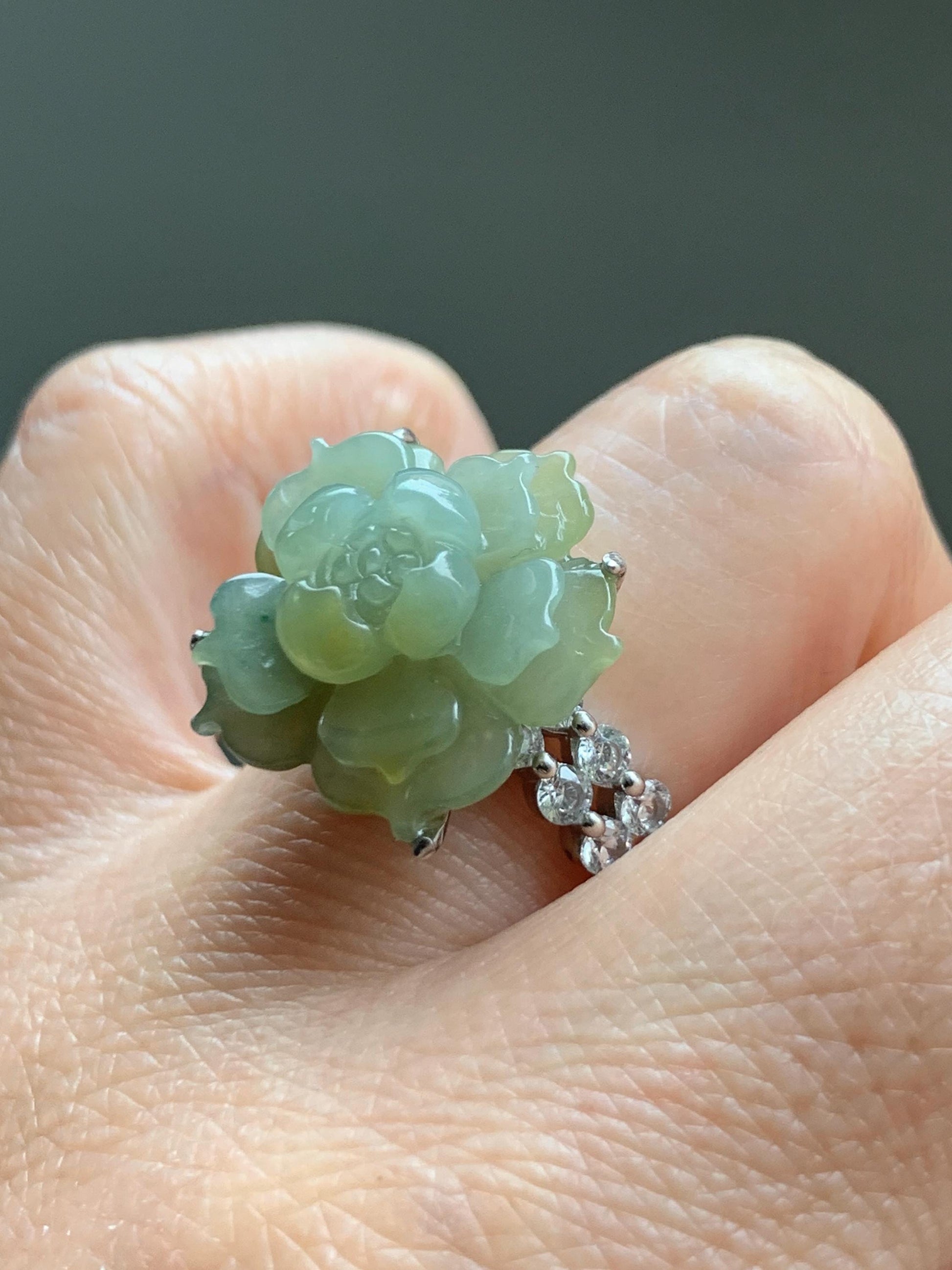 Natural Grade A Guatemalan Icy Translucent Dusty Yellow Jade Jadeite Lotus Flower Ring Sterling Silver Size Adjustable 6g 天然冰危黄翡翠莲花戒指WLY150C