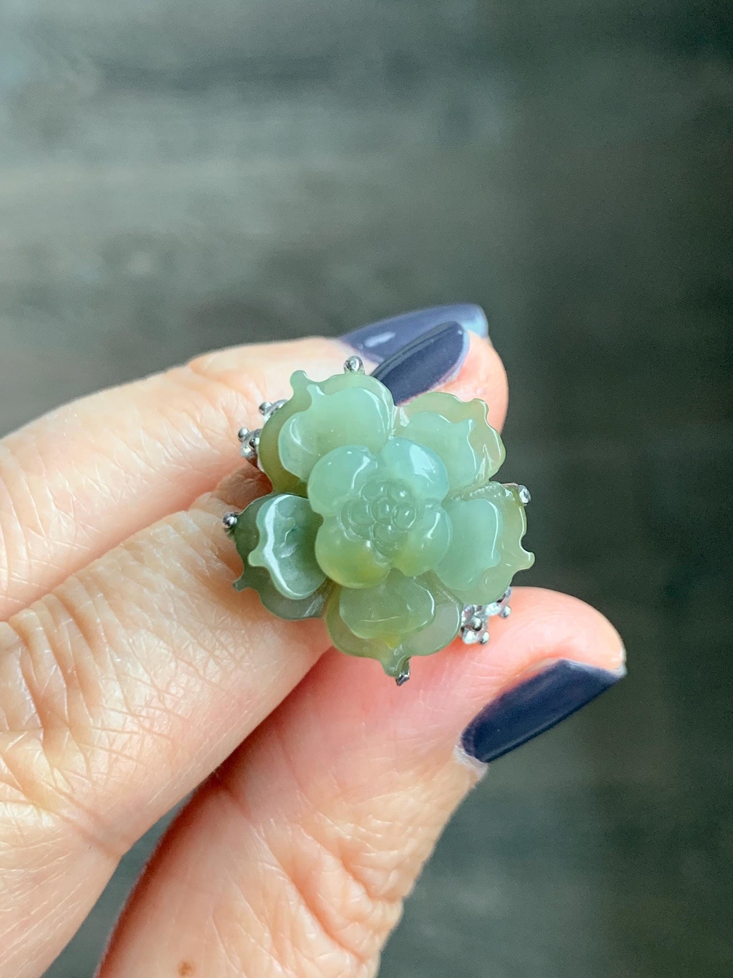 Natural Grade A Guatemalan Icy Translucent Dusty Yellow Jade Jadeite Lotus Flower Ring Sterling Silver Size Adjustable 6g 天然冰危黄翡翠莲花戒指WLY150C
