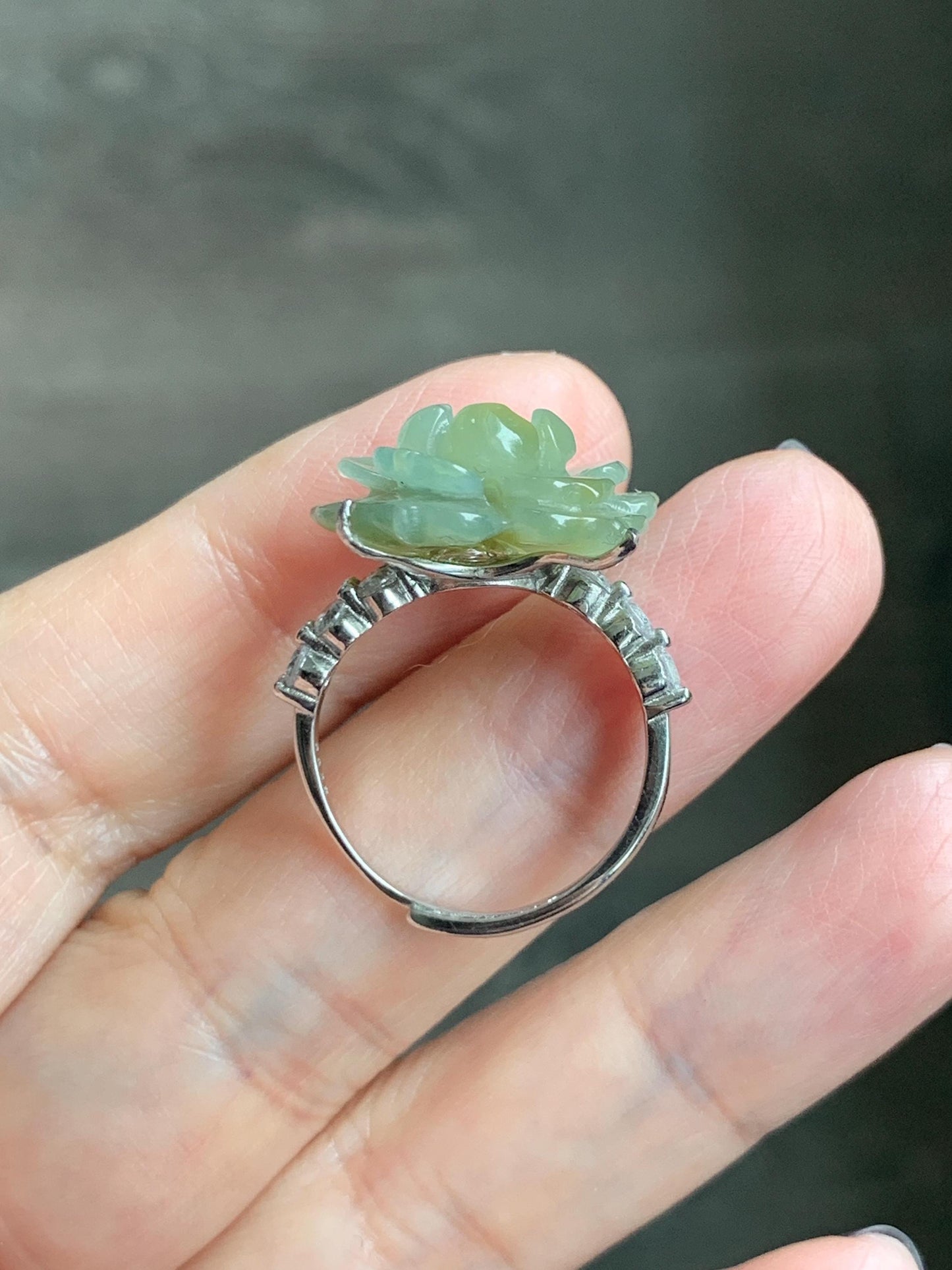 Natural Grade A Guatemalan Icy Translucent Dusty Yellow Jade Jadeite Lotus Flower Ring Sterling Silver Size Adjustable 6g 天然冰危黄翡翠莲花戒指WLY150C
