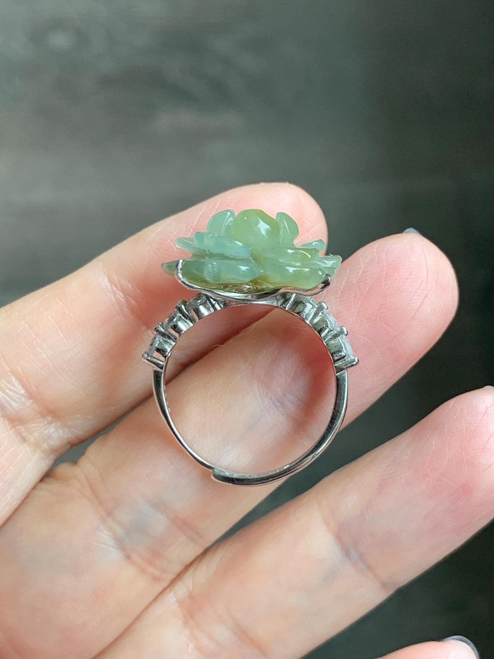 Natural Grade A Guatemalan Icy Translucent Dusty Yellow Jade Jadeite Lotus Flower Ring Sterling Silver Size Adjustable 6g 天然冰危黄翡翠莲花戒指WLY150C