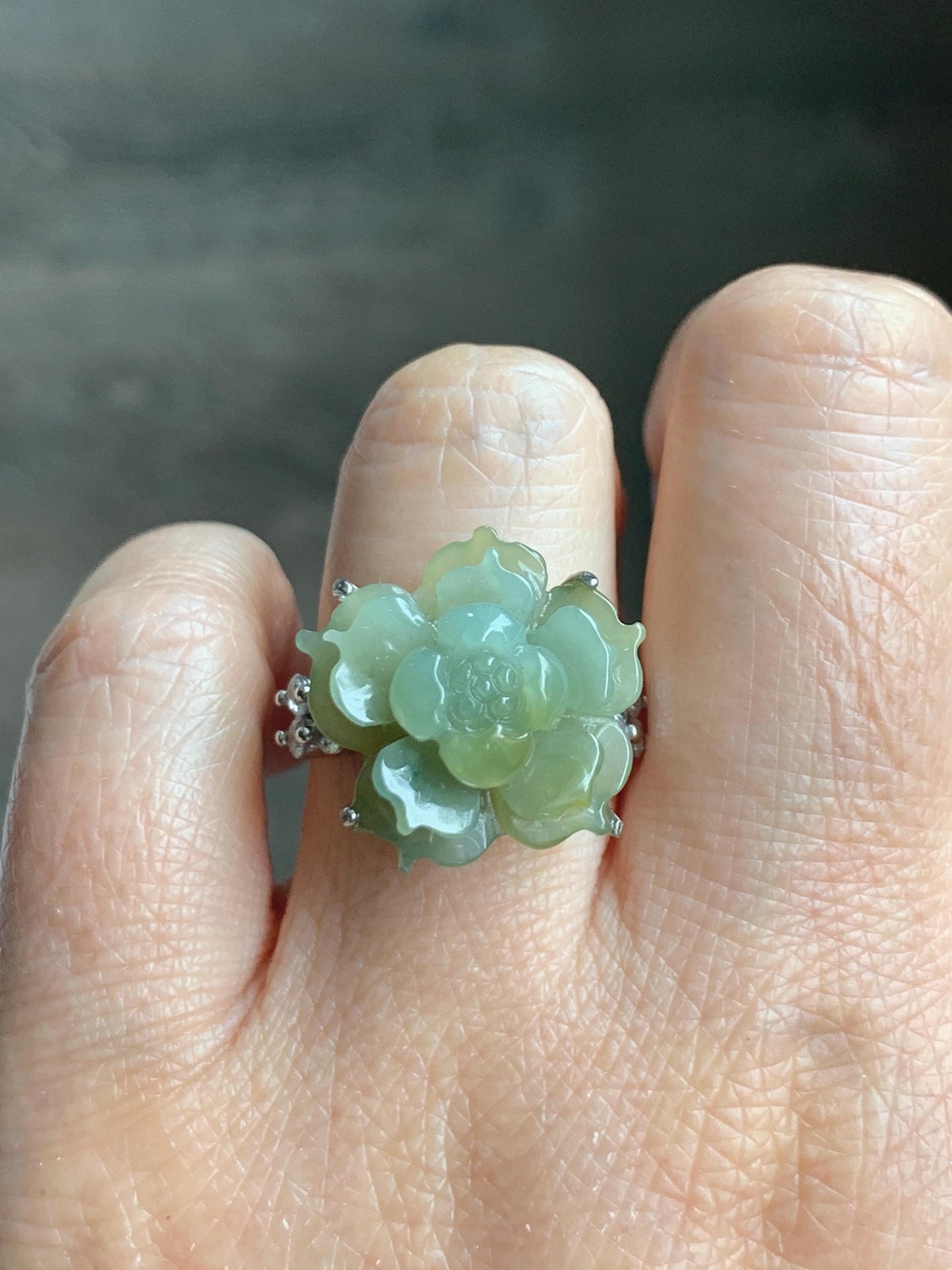 Natural Grade A Guatemalan Icy Translucent Dusty Yellow Jade Jadeite Lotus Flower Ring Sterling Silver Size Adjustable 6g 天然冰危黄翡翠莲花戒指WLY150C