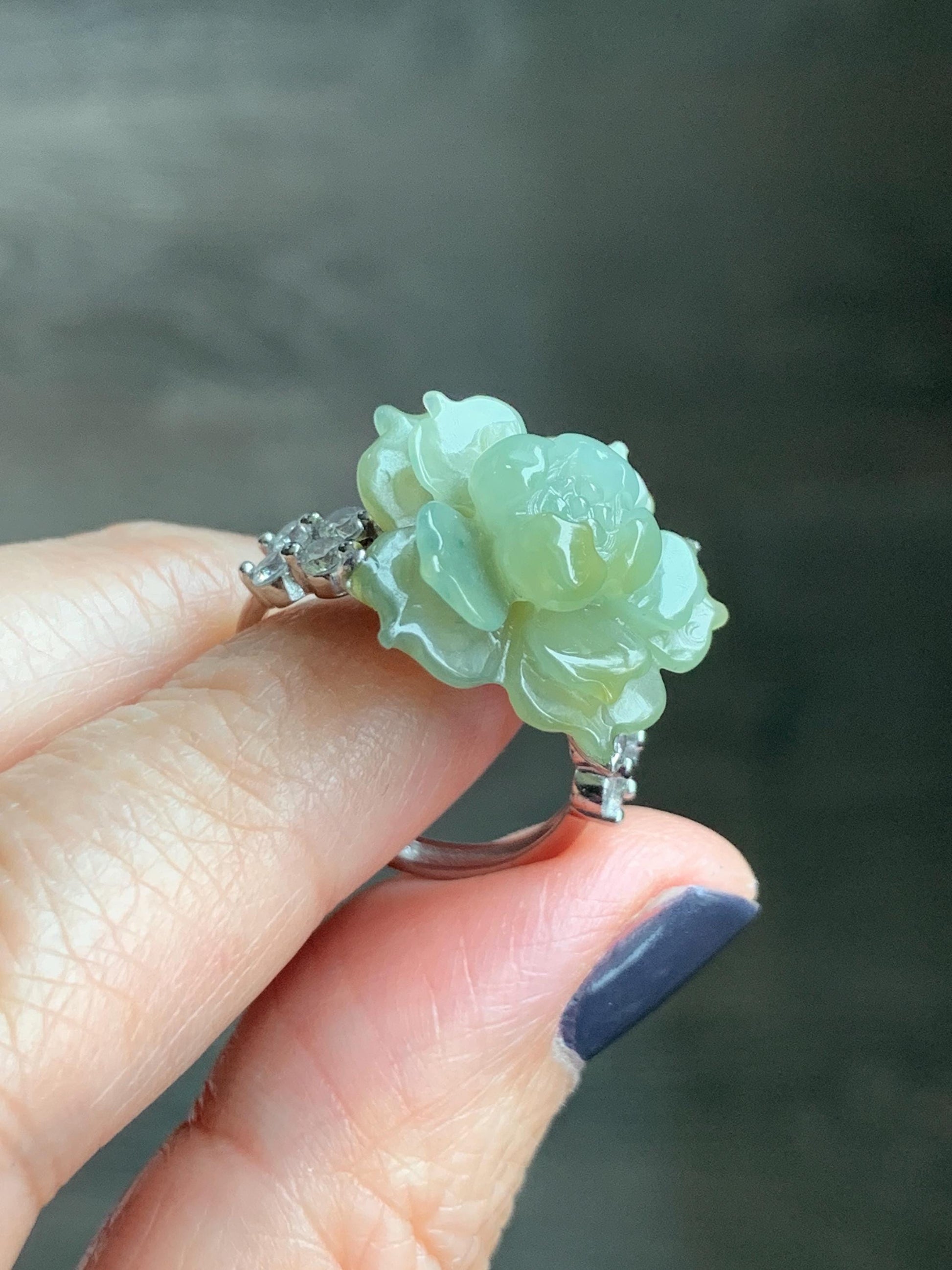 Natural Grade A Guatemalan Icy Translucent Dusty Yellow Jade Jadeite Lotus Flower Ring Sterling Silver Size Adjustable 6g 天然冰危黄翡翠莲花戒指WLY150C