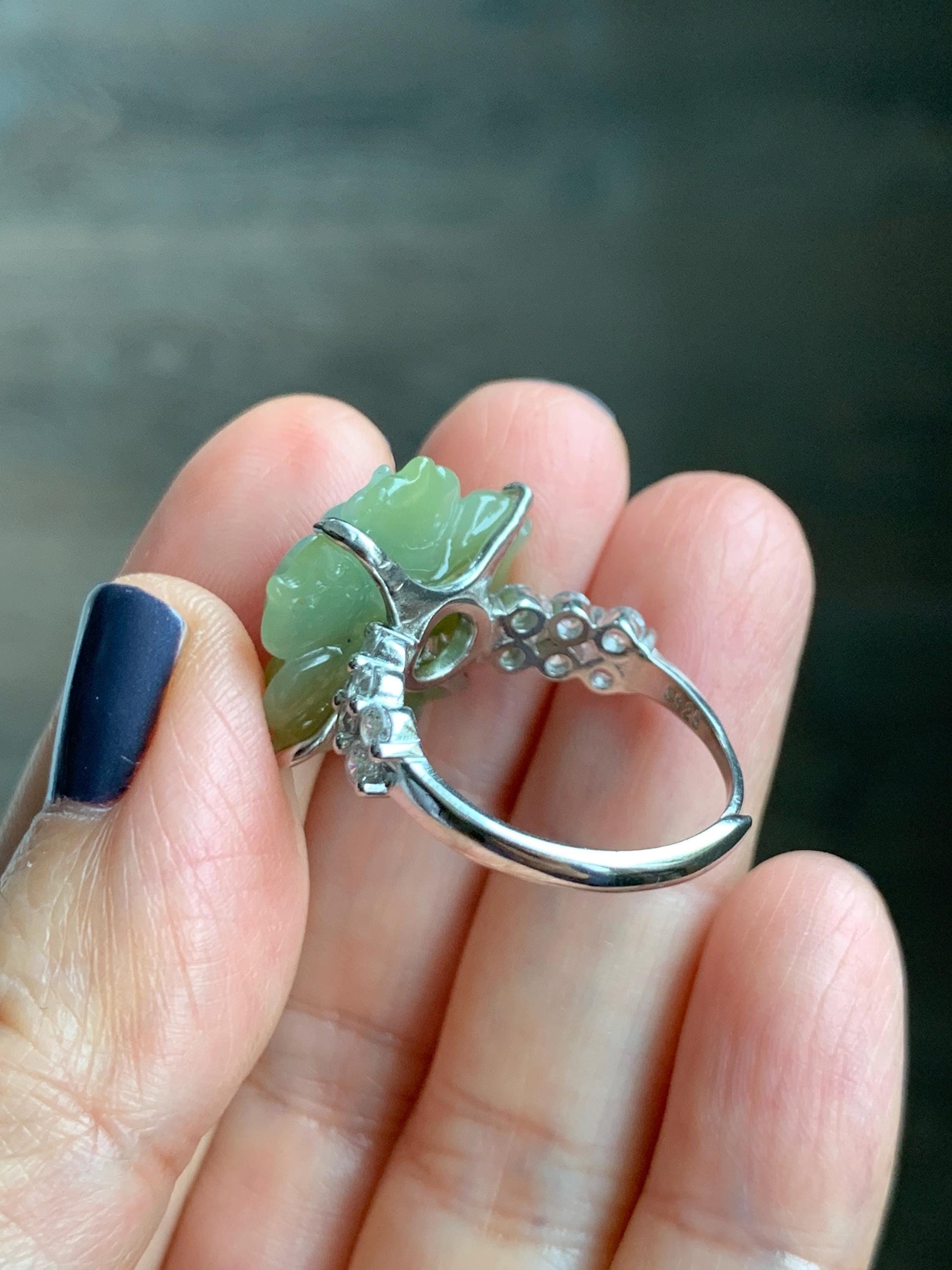 Natural Grade A Guatemalan Icy Translucent Dusty Yellow Jade Jadeite Lotus Flower Ring Sterling Silver Size Adjustable 6g 天然冰危黄翡翠莲花戒指WLY150C