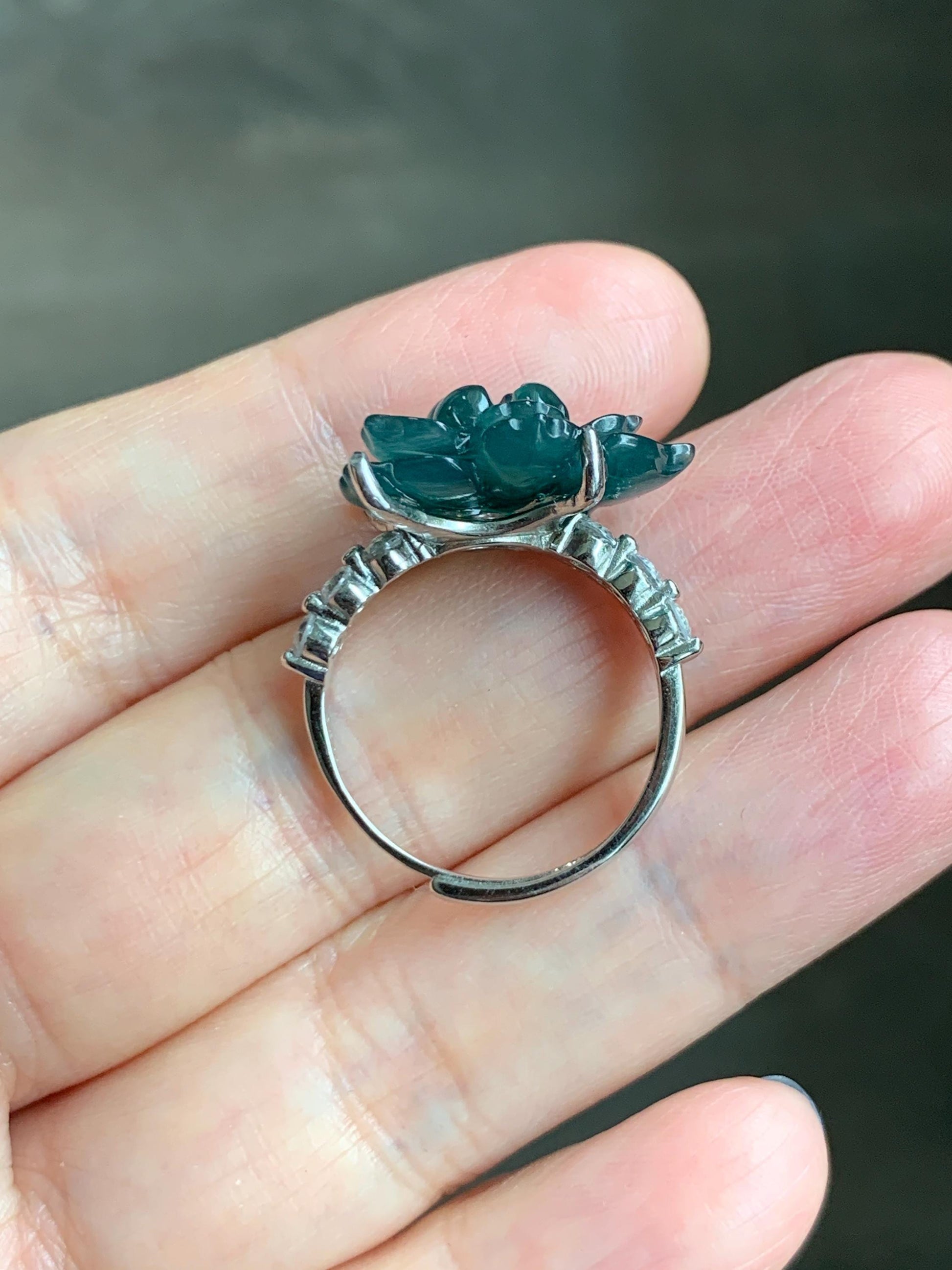 Natural Grade A Guatemalan Icy Dark Teal Blue Jade Jadeite Lotus Flower Ring Sterling Silver Size Adjustable 5g 天然冰危深蓝绿翡翠莲花戒指 WLY150B