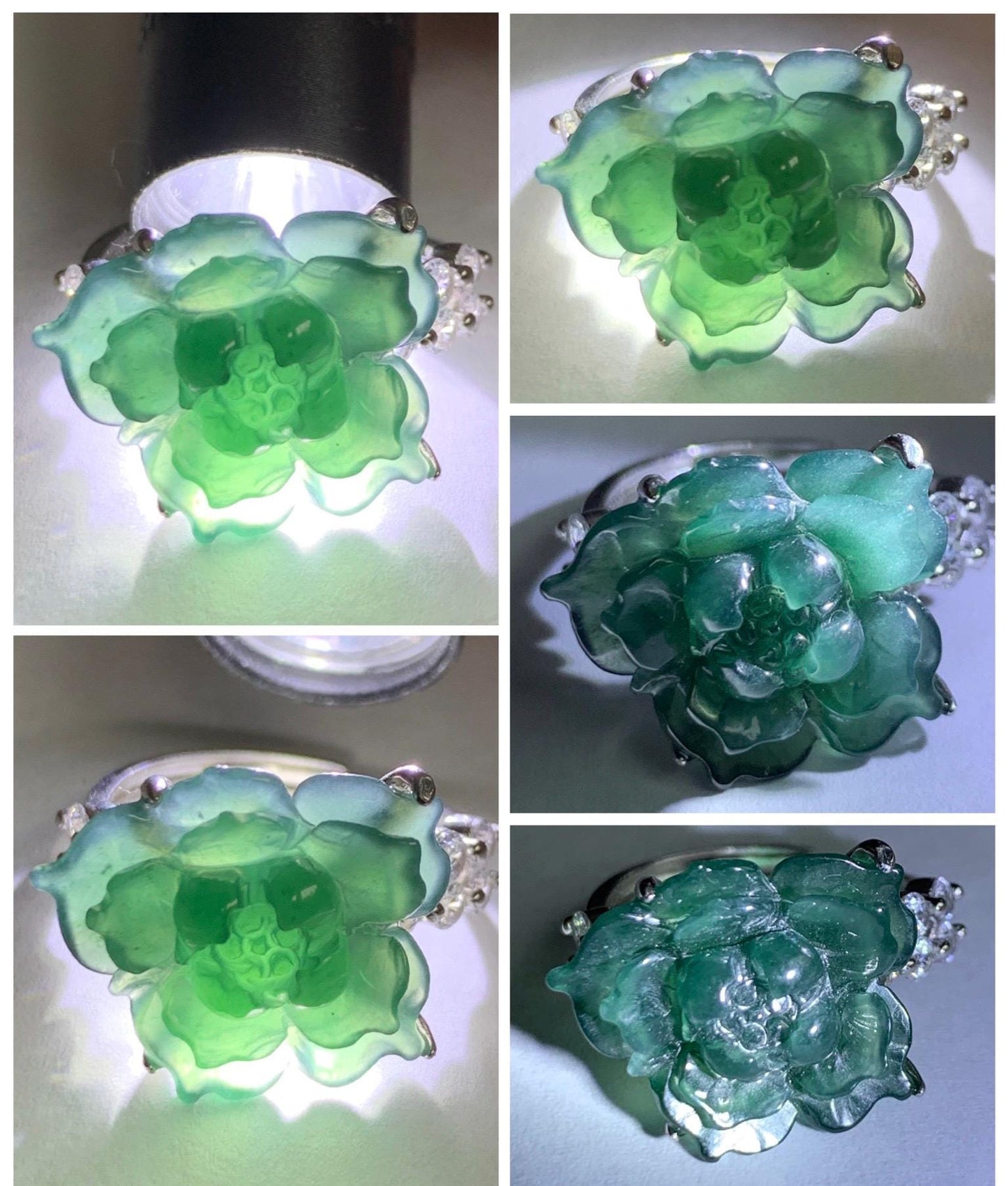Natural Grade A Guatemalan Icy Dark Teal Blue Jade Jadeite Lotus Flower Ring Sterling Silver Size Adjustable 5g 天然冰危深蓝绿翡翠莲花戒指 WLY150B