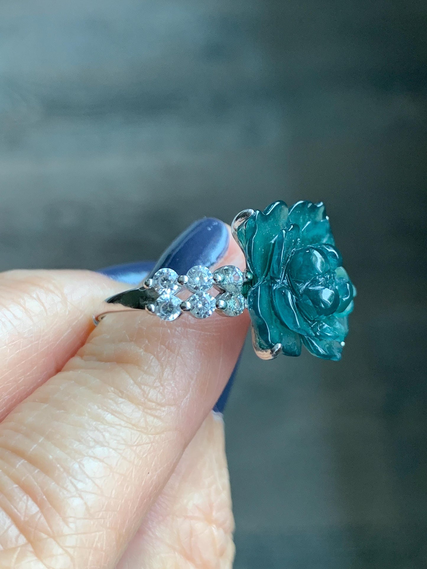 Natural Grade A Guatemalan Icy Dark Teal Blue Jade Jadeite Lotus Flower Ring Sterling Silver Size Adjustable 5g 天然冰危深蓝绿翡翠莲花戒指 WLY150B