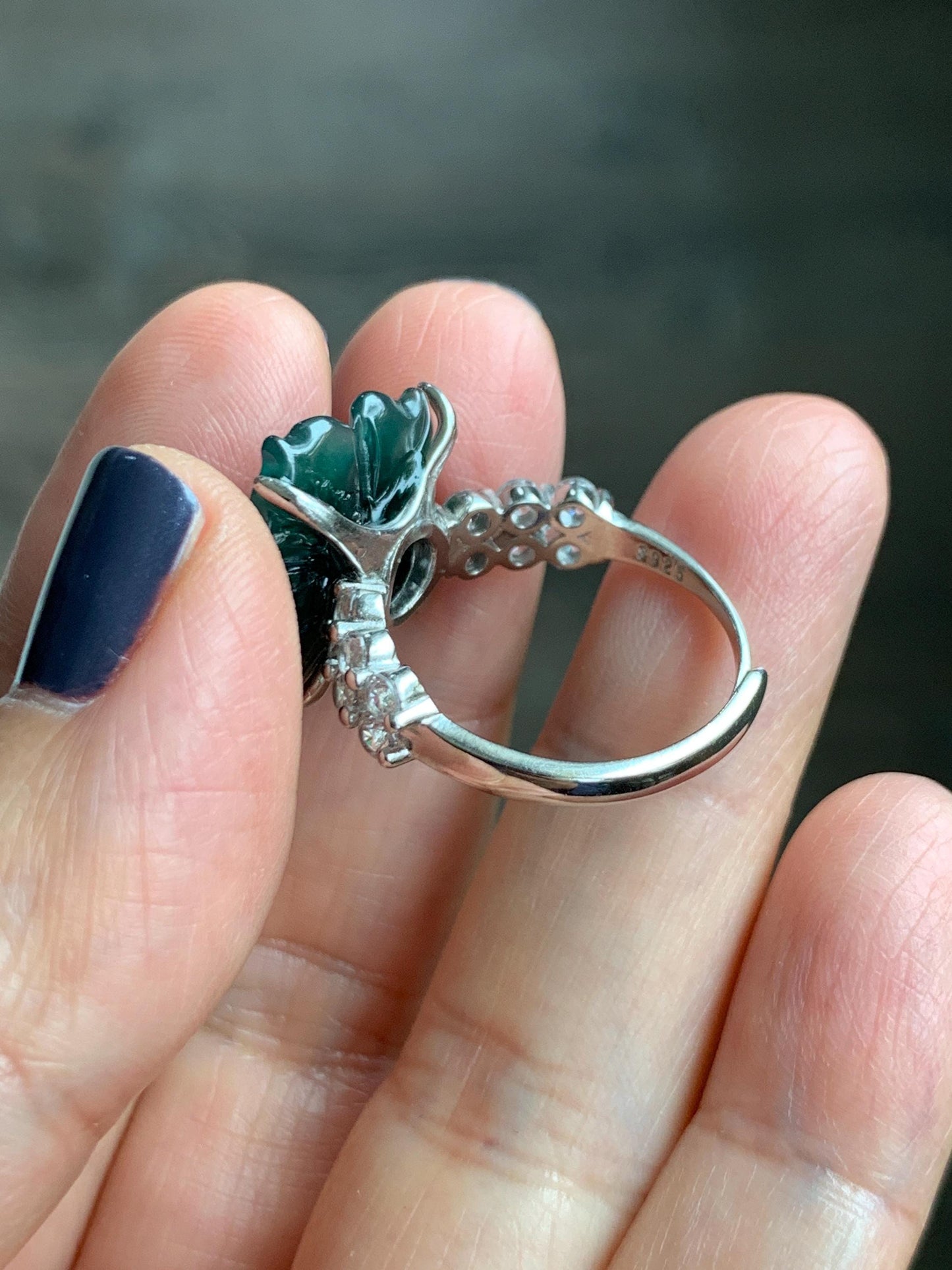 Natural Grade A Guatemalan Icy Dark Teal Blue Jade Jadeite Lotus Flower Ring Sterling Silver Size Adjustable 5g 天然冰危深蓝绿翡翠莲花戒指 WLY150B