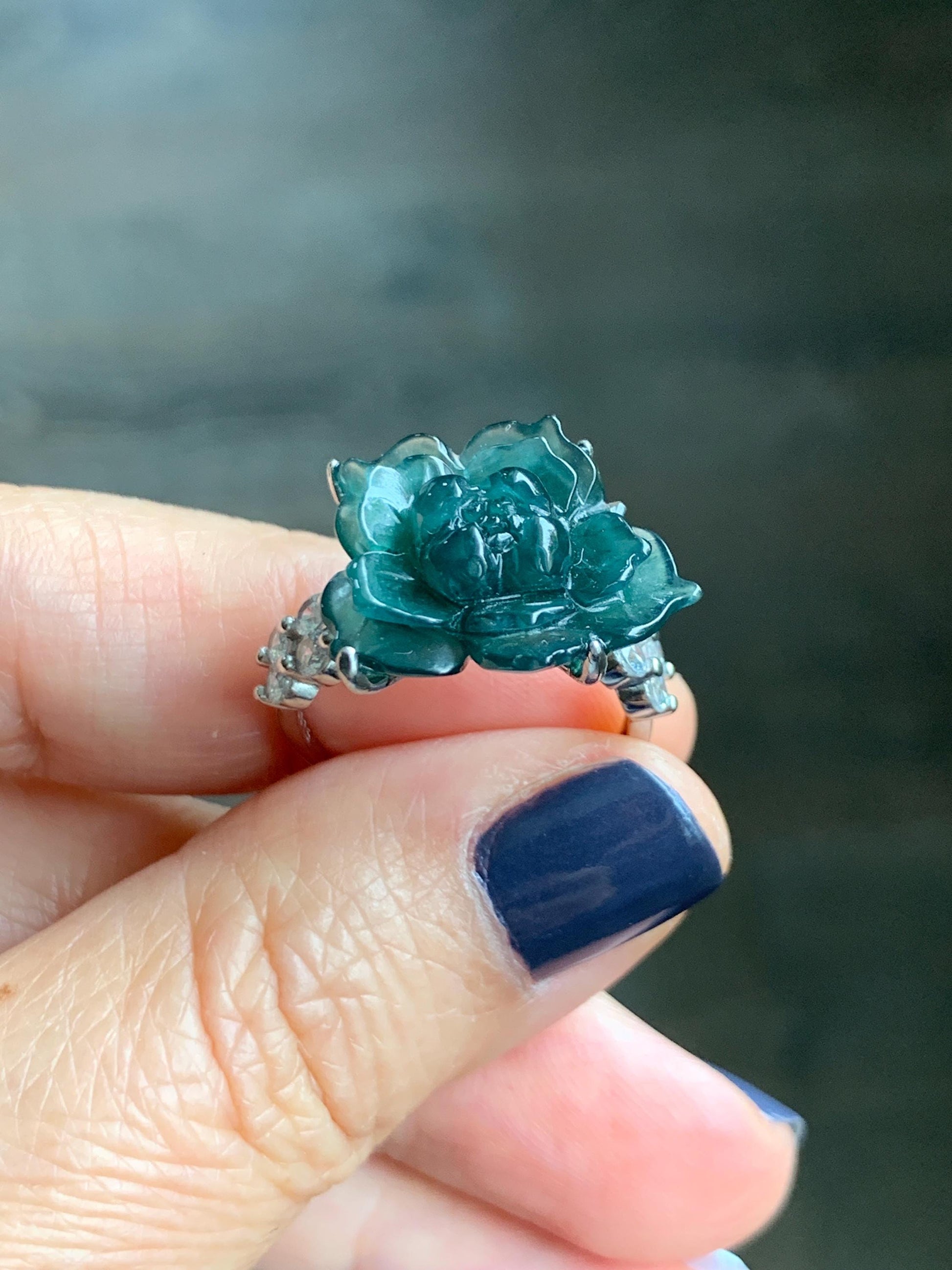 Natural Grade A Guatemalan Icy Dark Teal Blue Jade Jadeite Lotus Flower Ring Sterling Silver Size Adjustable 5g 天然冰危深蓝绿翡翠莲花戒指 WLY150B