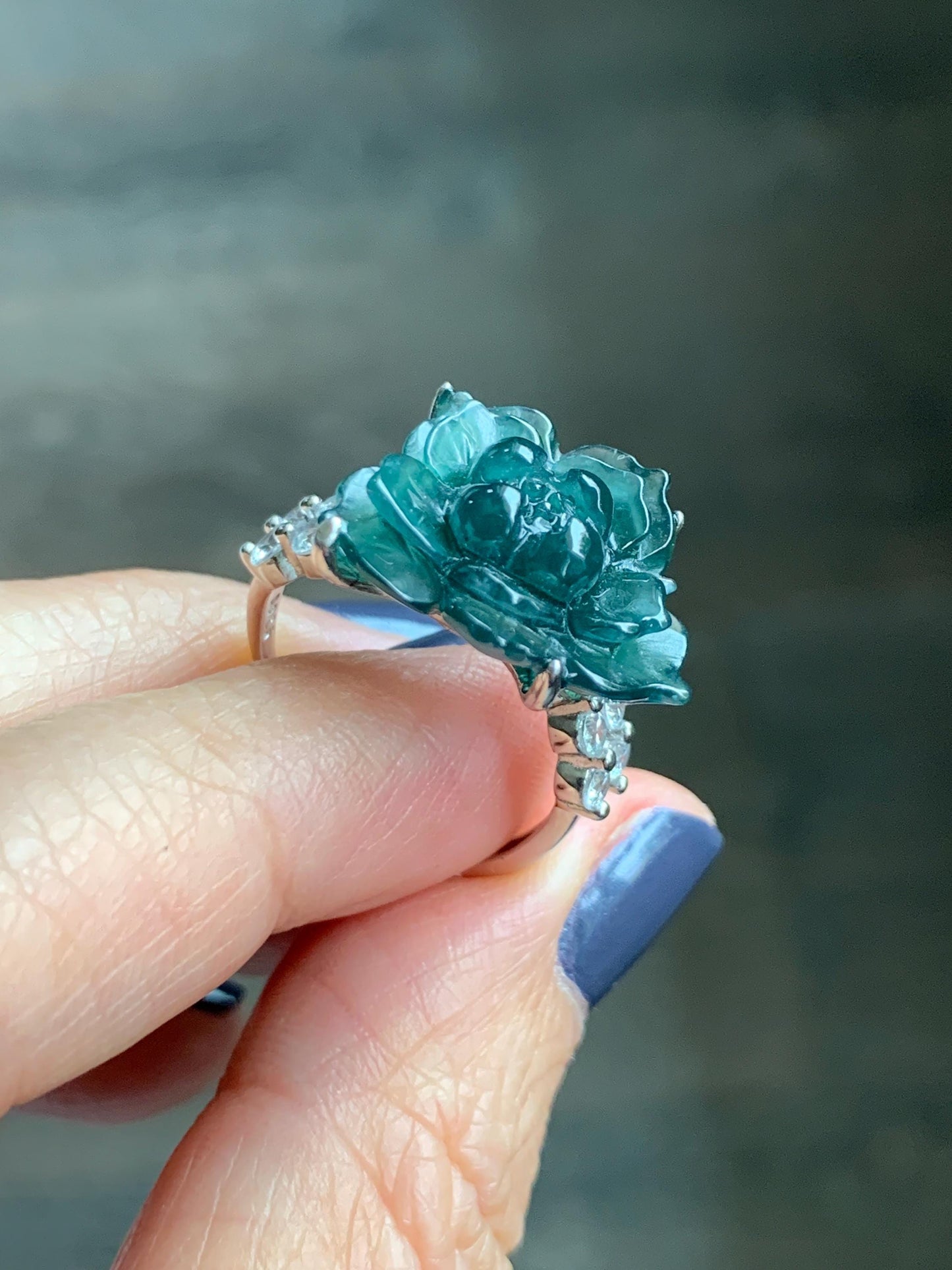 Natural Grade A Guatemalan Icy Dark Teal Blue Jade Jadeite Lotus Flower Ring Sterling Silver Size Adjustable 5g 天然冰危深蓝绿翡翠莲花戒指 WLY150B