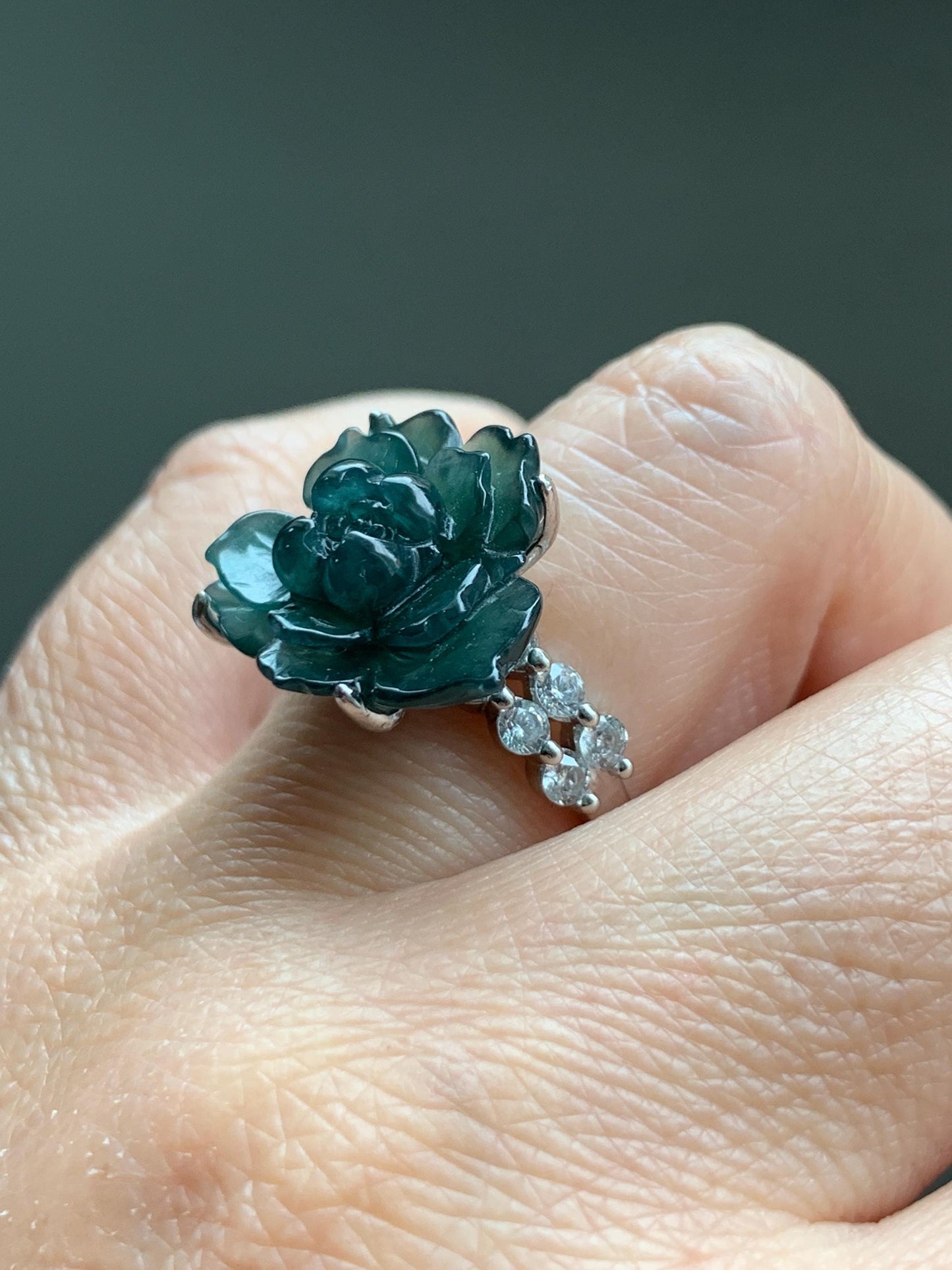 Natural Grade A Guatemalan Icy Dark Teal Blue Jade Jadeite Lotus Flower Ring Sterling Silver Size Adjustable 5g 天然冰危深蓝绿翡翠莲花戒指 WLY150B