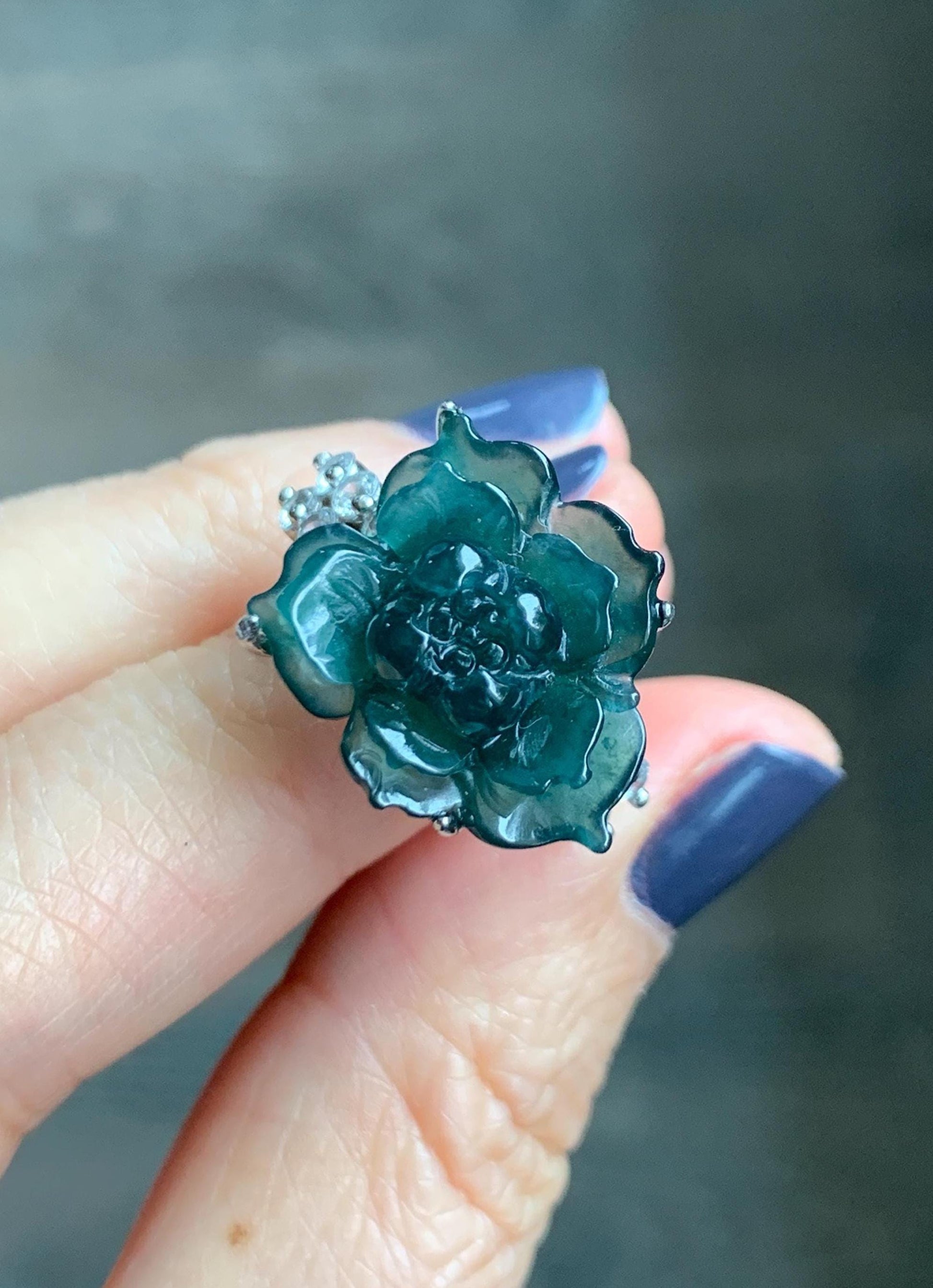 Natural Grade A Guatemalan Icy Dark Teal Blue Jade Jadeite Lotus Flower Ring Sterling Silver Size Adjustable 5g 天然冰危深蓝绿翡翠莲花戒指 WLY150B