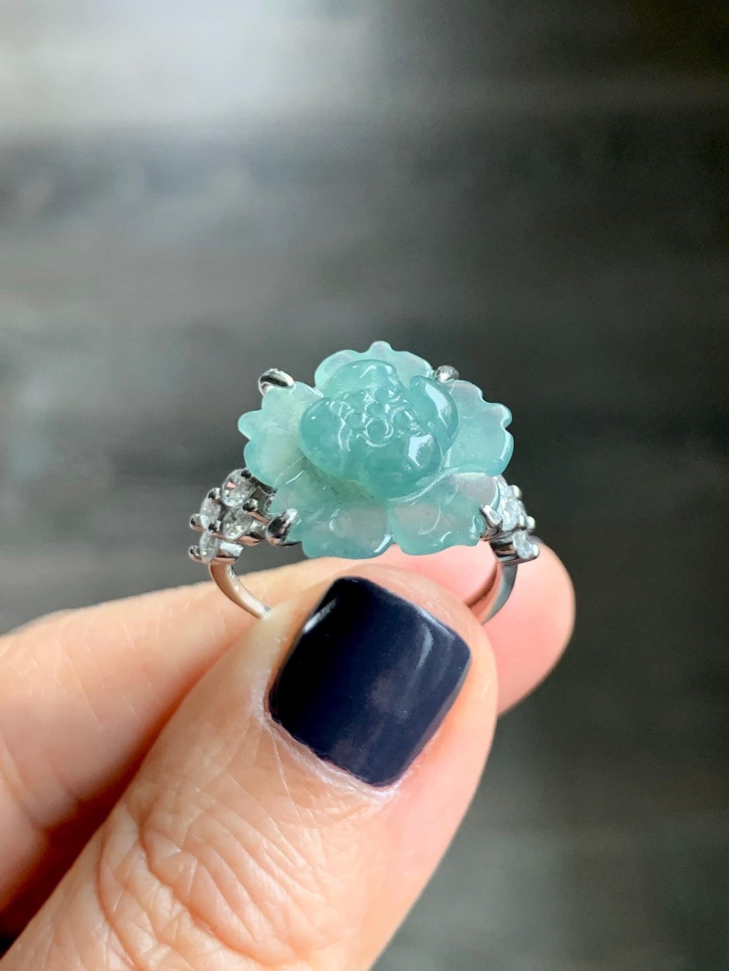 Natural Grade A Guatemalan Icy Translucent Teal Blue Jade Jadeite Lotus Flower Ring Sterling Silver Size Adjustable 4g 天然冰危蓝绿翡翠莲花戒指 WLY150A