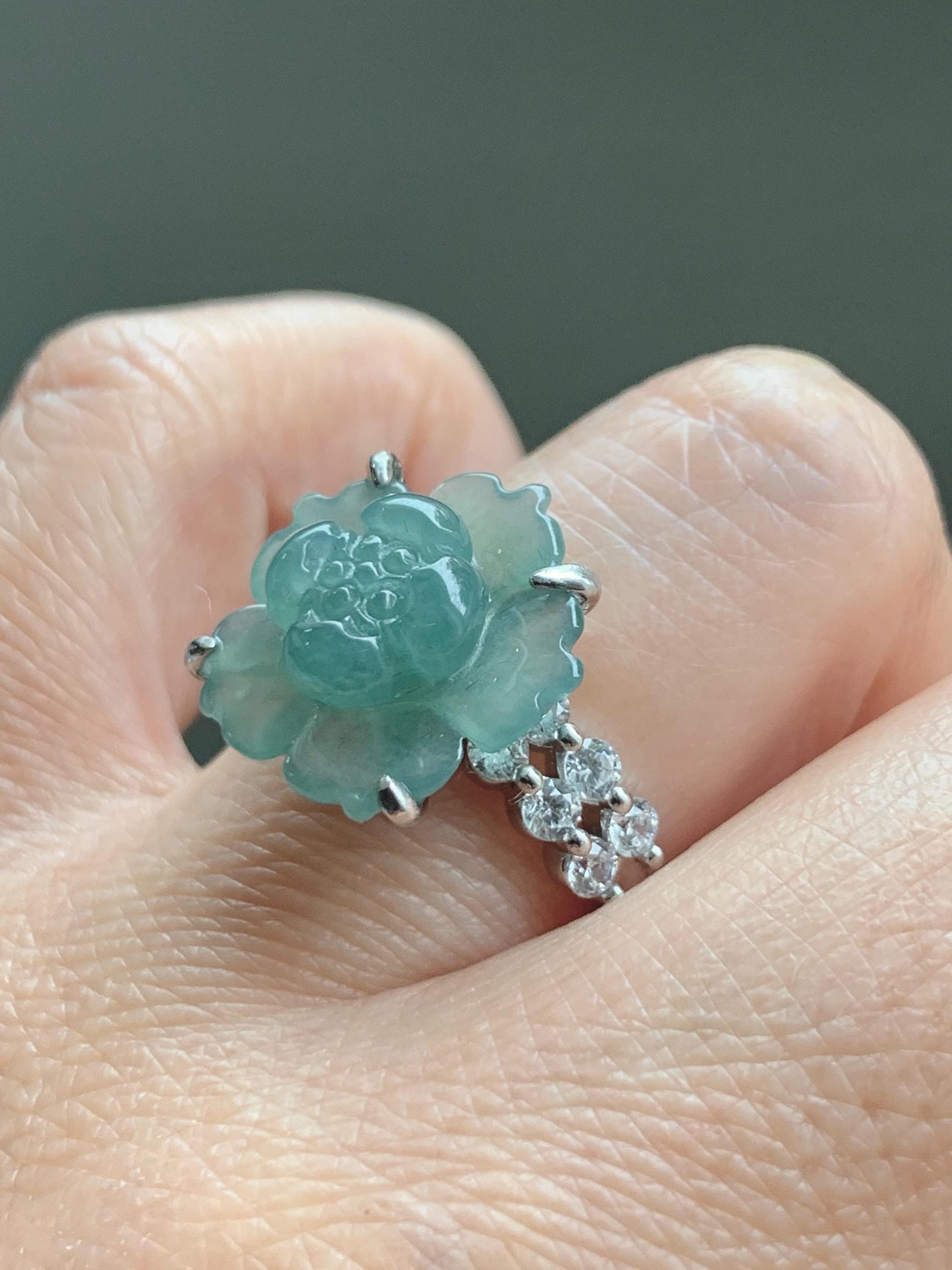 Natural Grade A Guatemalan Icy Translucent Teal Blue Jade Jadeite Lotus Flower Ring Sterling Silver Size Adjustable 4g 天然冰危蓝绿翡翠莲花戒指 WLY150A