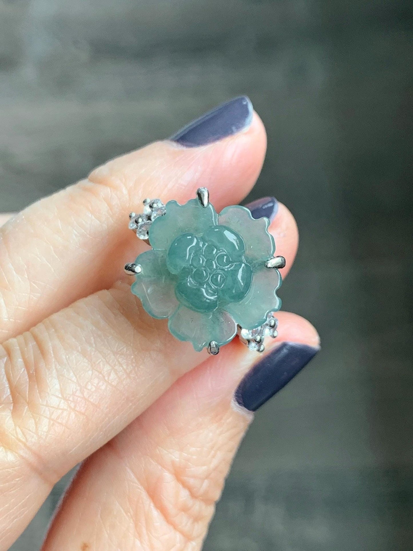 Natural Grade A Guatemalan Icy Translucent Teal Blue Jade Jadeite Lotus Flower Ring Sterling Silver Size Adjustable 4g 天然冰危蓝绿翡翠莲花戒指 WLY150A