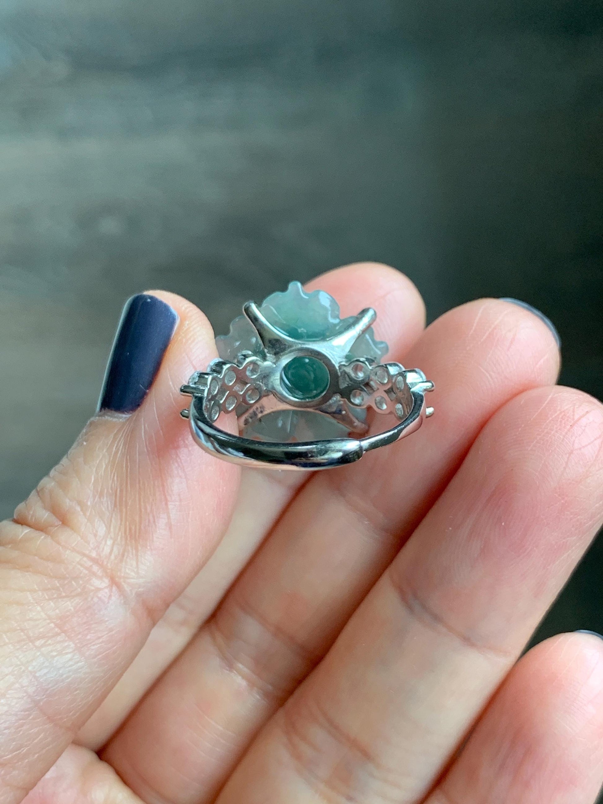 Natural Grade A Guatemalan Icy Translucent Teal Blue Jade Jadeite Lotus Flower Ring Sterling Silver Size Adjustable 4g 天然冰危蓝绿翡翠莲花戒指 WLY150A