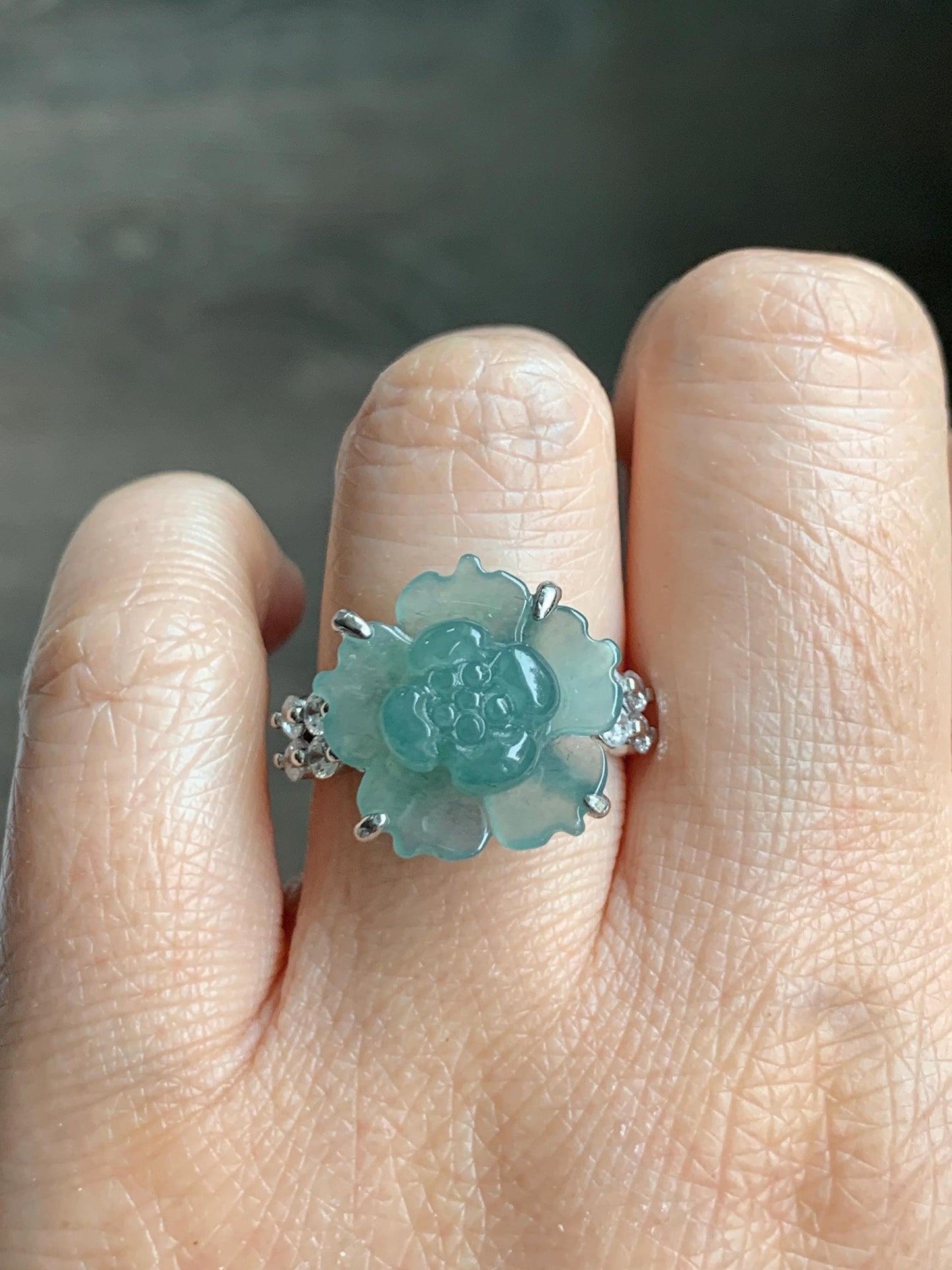 Natural Grade A Guatemalan Icy Translucent Teal Blue Jade Jadeite Lotus Flower Ring Sterling Silver Size Adjustable 4g 天然冰危蓝绿翡翠莲花戒指 WLY150A