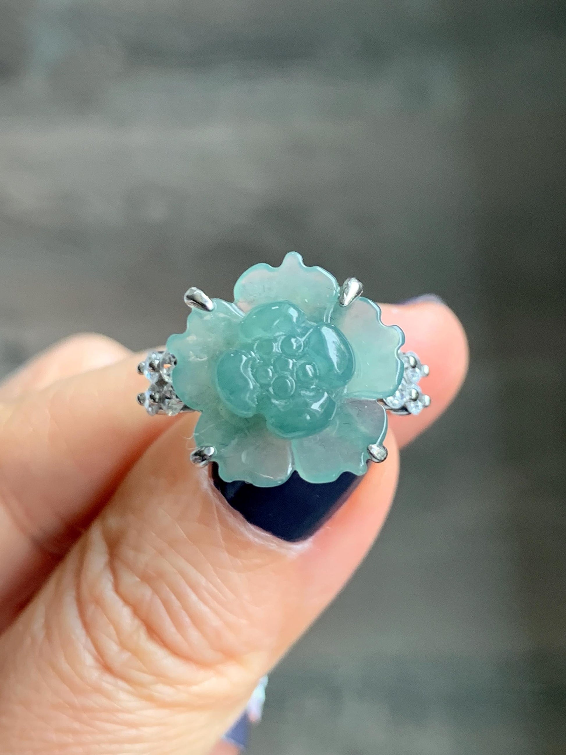 Natural Grade A Guatemalan Icy Translucent Teal Blue Jade Jadeite Lotus Flower Ring Sterling Silver Size Adjustable 4g 天然冰危蓝绿翡翠莲花戒指 WLY150A