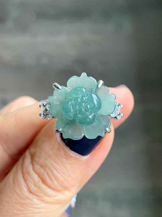 Natural Grade A Guatemalan Icy Translucent Teal Blue Jade Jadeite Lotus Flower Ring Sterling Silver Size Adjustable 4g 天然冰危蓝绿翡翠莲花戒指 WLY150A