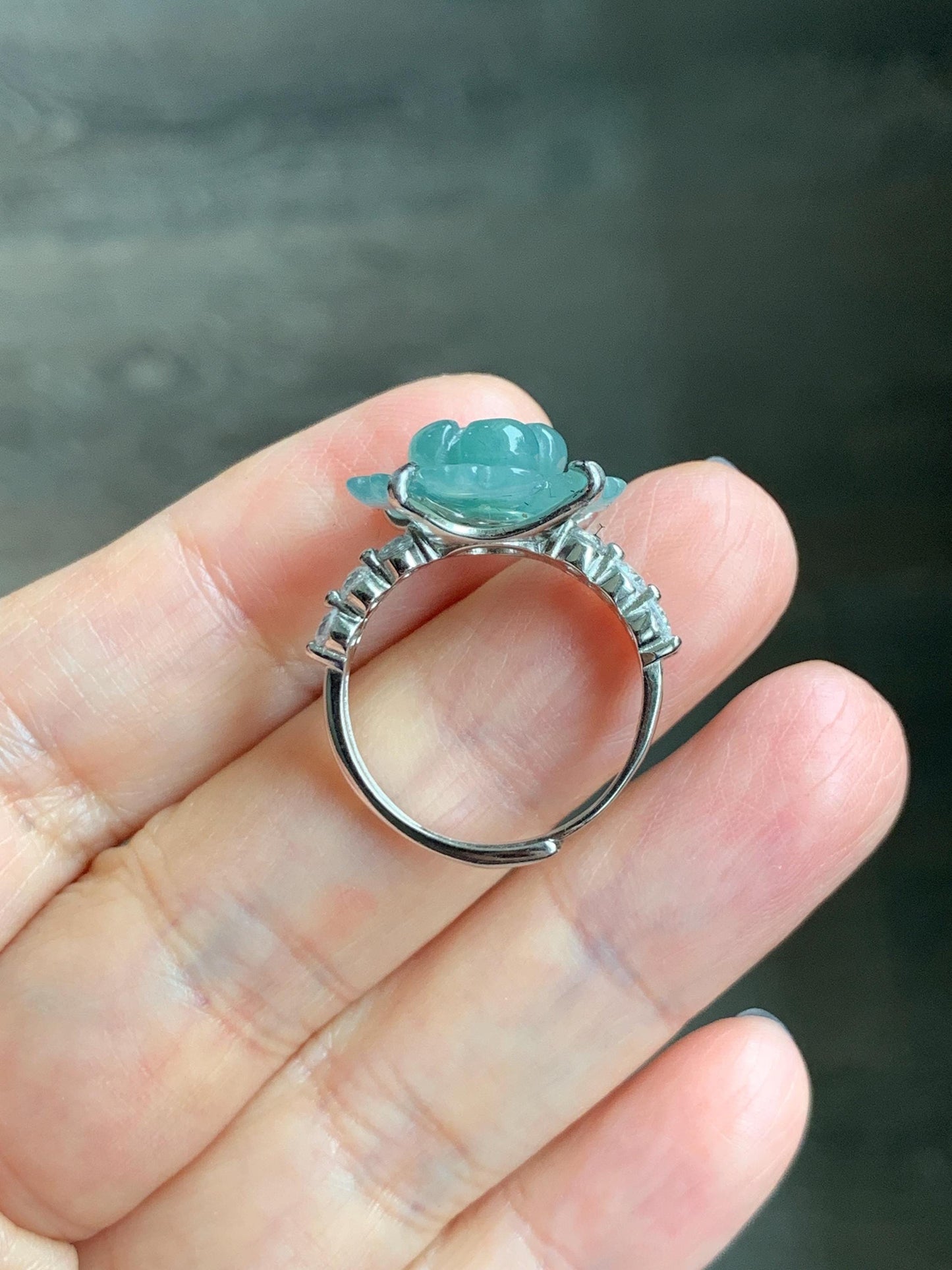 Natural Grade A Guatemalan Icy Translucent Teal Blue Jade Jadeite Lotus Flower Ring Sterling Silver Size Adjustable 4g 天然冰危蓝绿翡翠莲花戒指 WLY150A