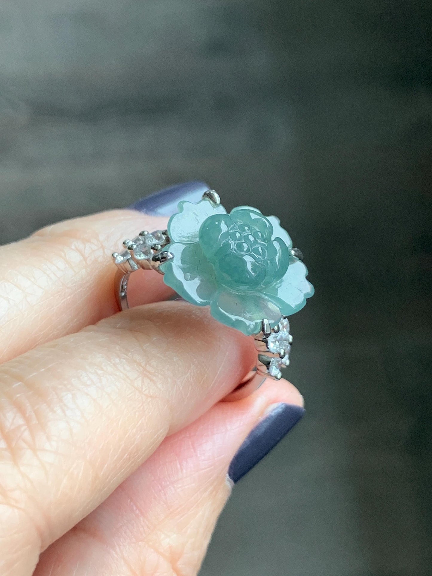Natural Grade A Guatemalan Icy Translucent Teal Blue Jade Jadeite Lotus Flower Ring Sterling Silver Size Adjustable 4g 天然冰危蓝绿翡翠莲花戒指 WLY150A