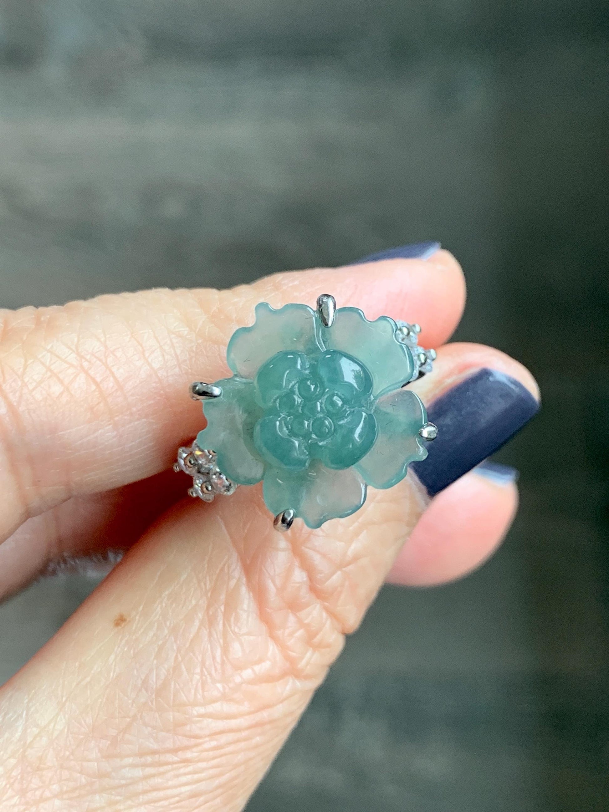 Natural Grade A Guatemalan Icy Translucent Teal Blue Jade Jadeite Lotus Flower Ring Sterling Silver Size Adjustable 4g 天然冰危蓝绿翡翠莲花戒指 WLY150A