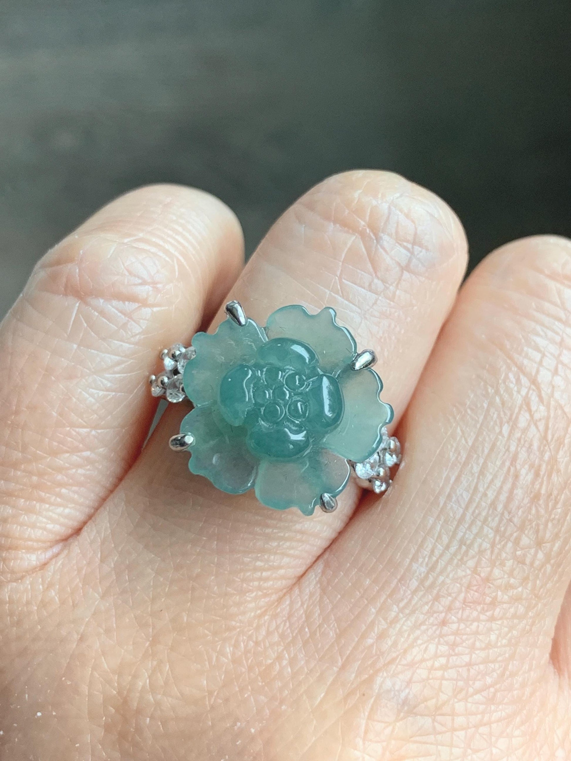 Natural Grade A Guatemalan Icy Translucent Teal Blue Jade Jadeite Lotus Flower Ring Sterling Silver Size Adjustable 4g 天然冰危蓝绿翡翠莲花戒指 WLY150A